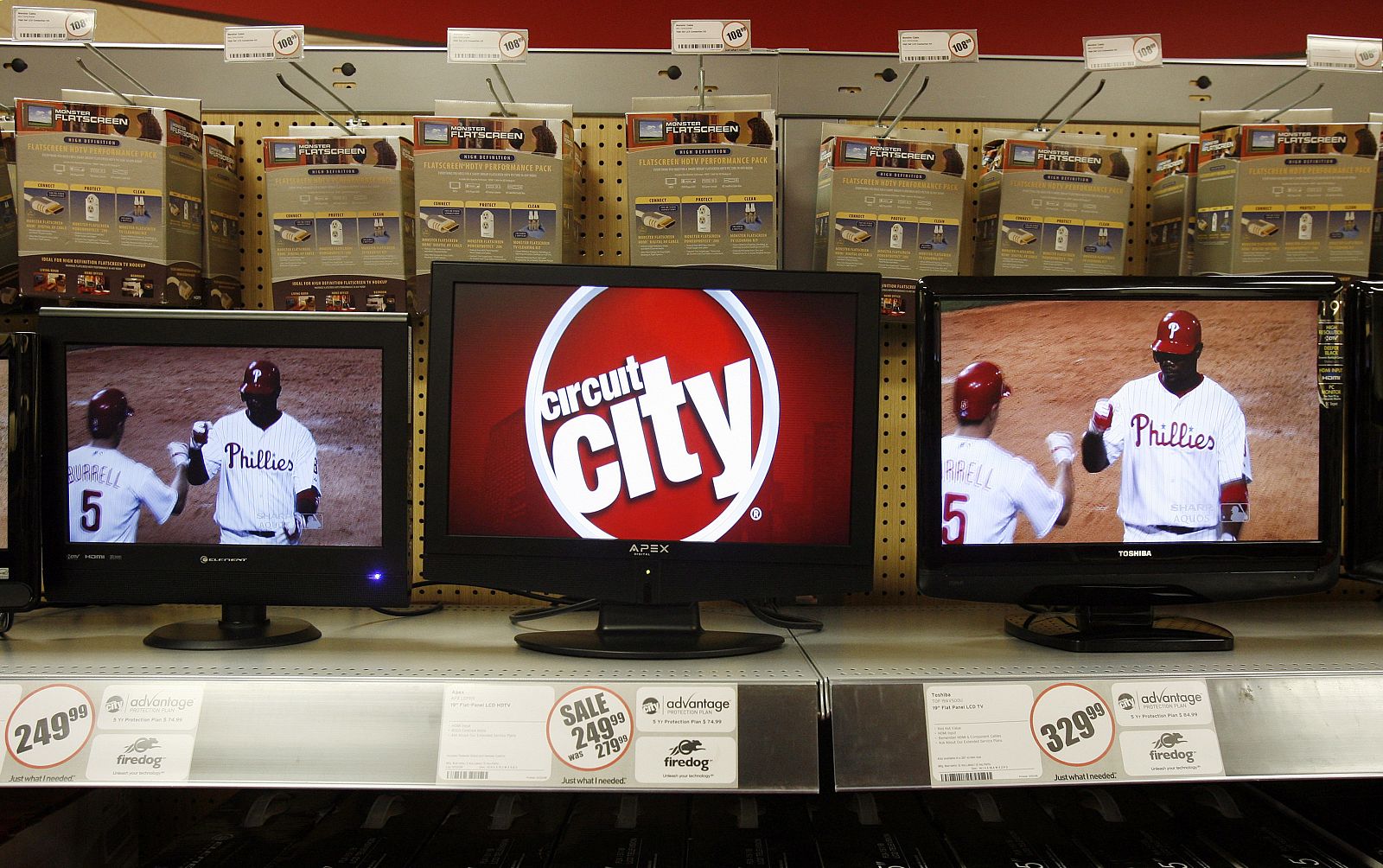Television monitors are seen inside a Circuit City store in New York
