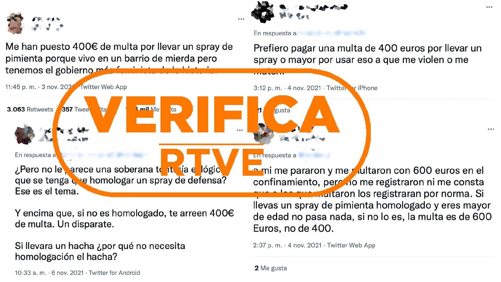 Mensaje de Twitter de una usuaria que denuncia que le han multado por llevar un espray de defensa personal y varios mensajes de respuesta