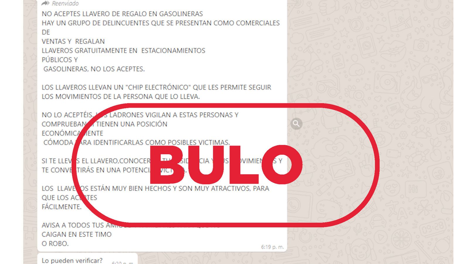 Mensaje que reproduce el bulo de los llaveros con chip para robarte