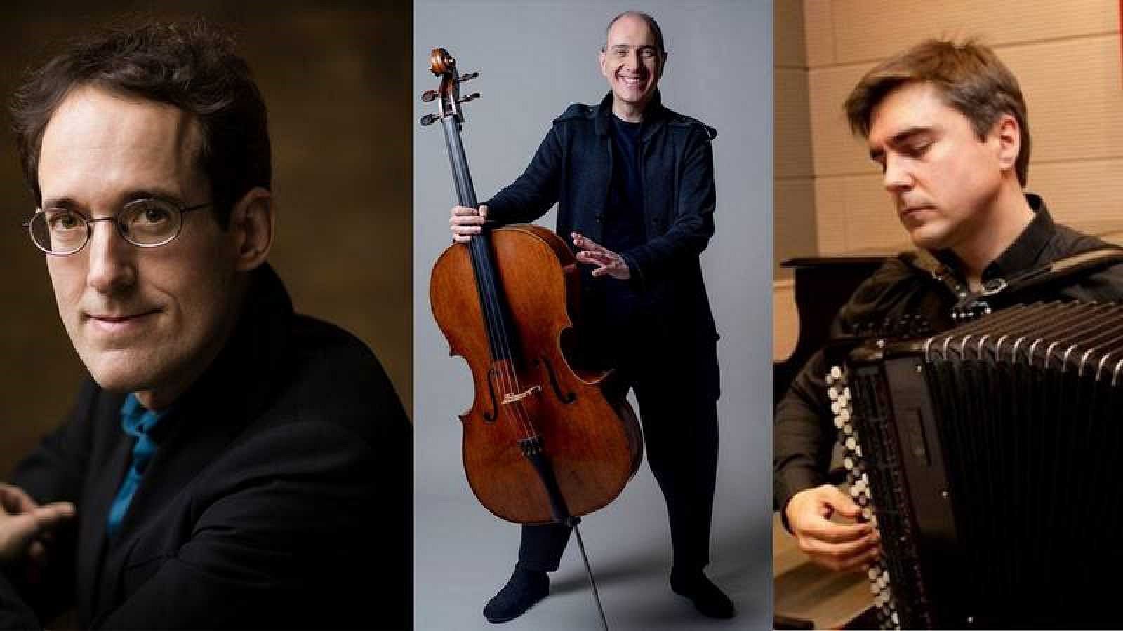 El maestro Pablo González, el violonchelista Asier Polo y el acordeonista Iñaki Alberdi