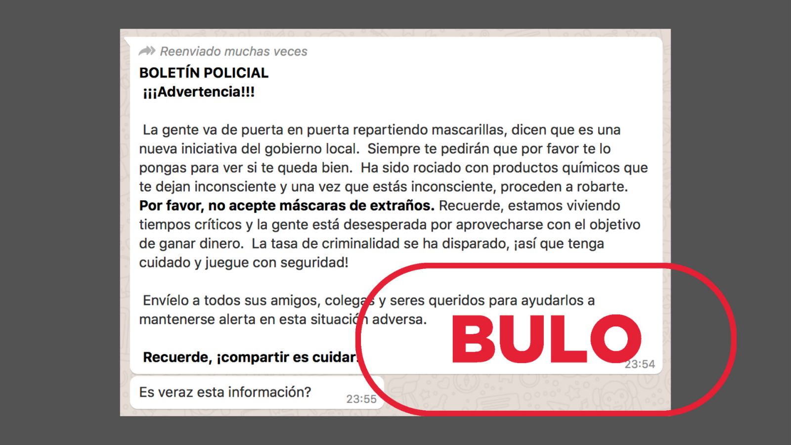 Mensaje que circula por WhatsApp con el falso boletín policial