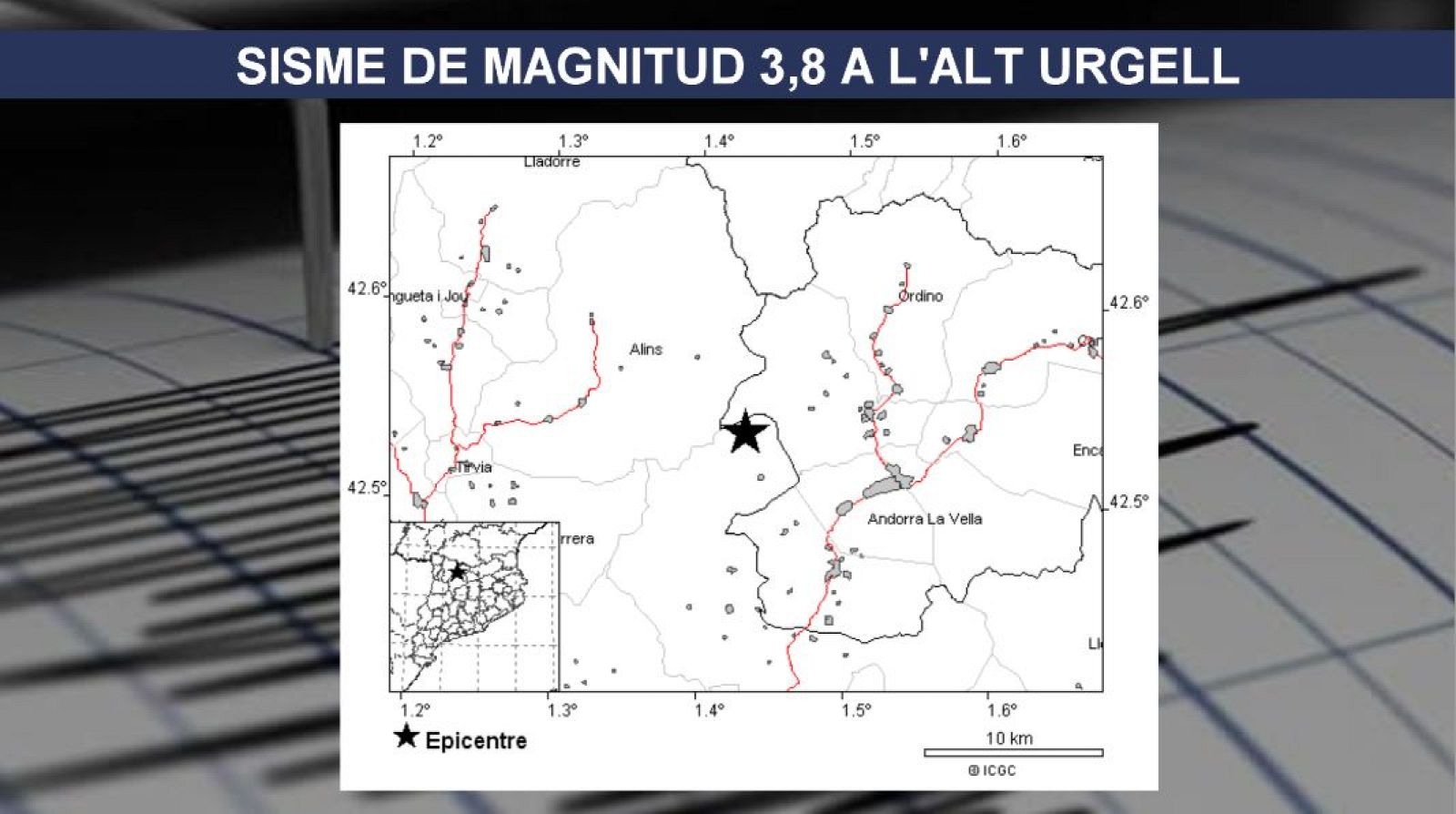 Mapa de l'epicentre del sisme a l'Alt Urgell
