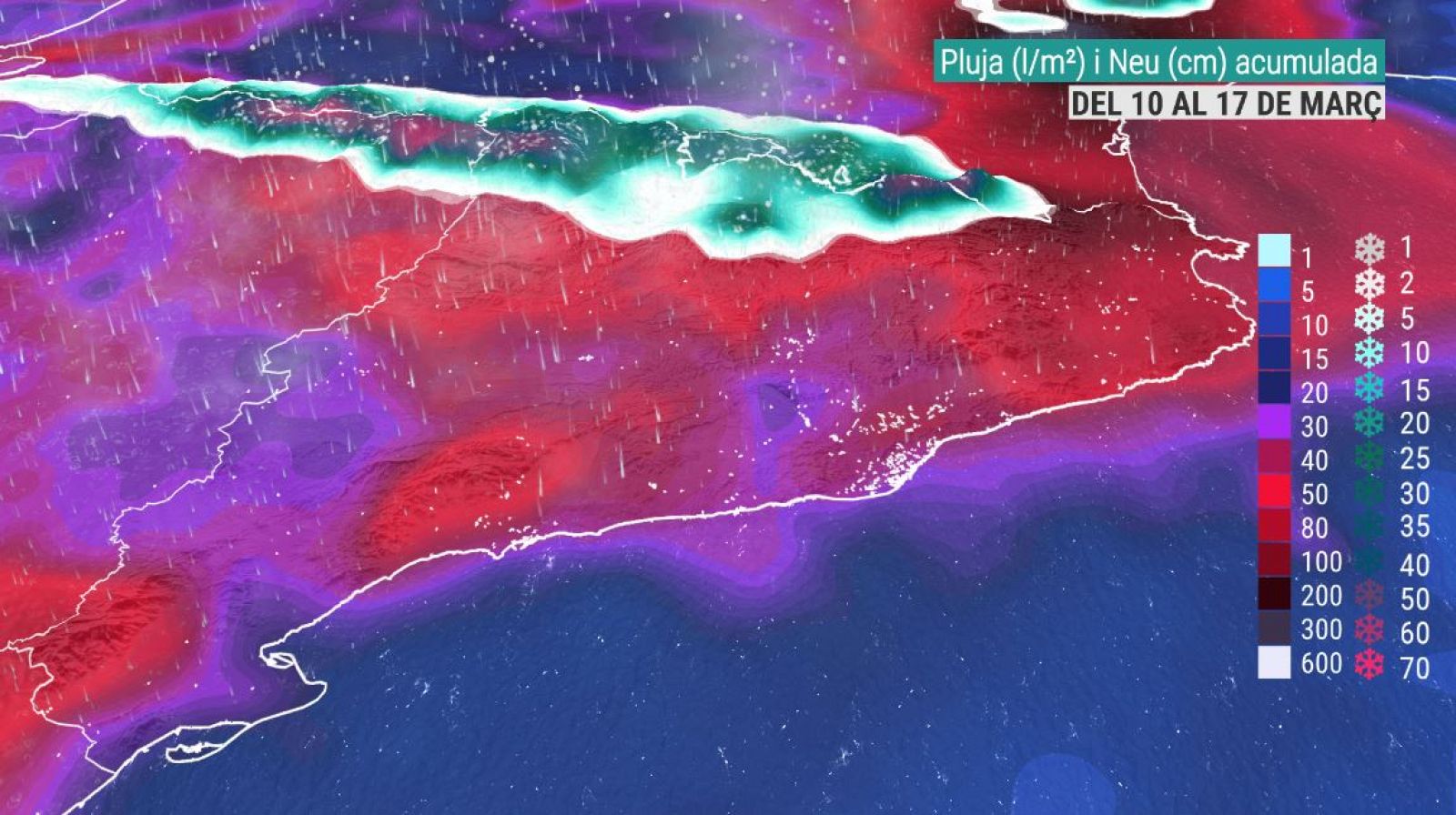 Acumulació de pluja i neu entre el 10 i el 17 de març segons el model europeu (ECMWF) CROPPER