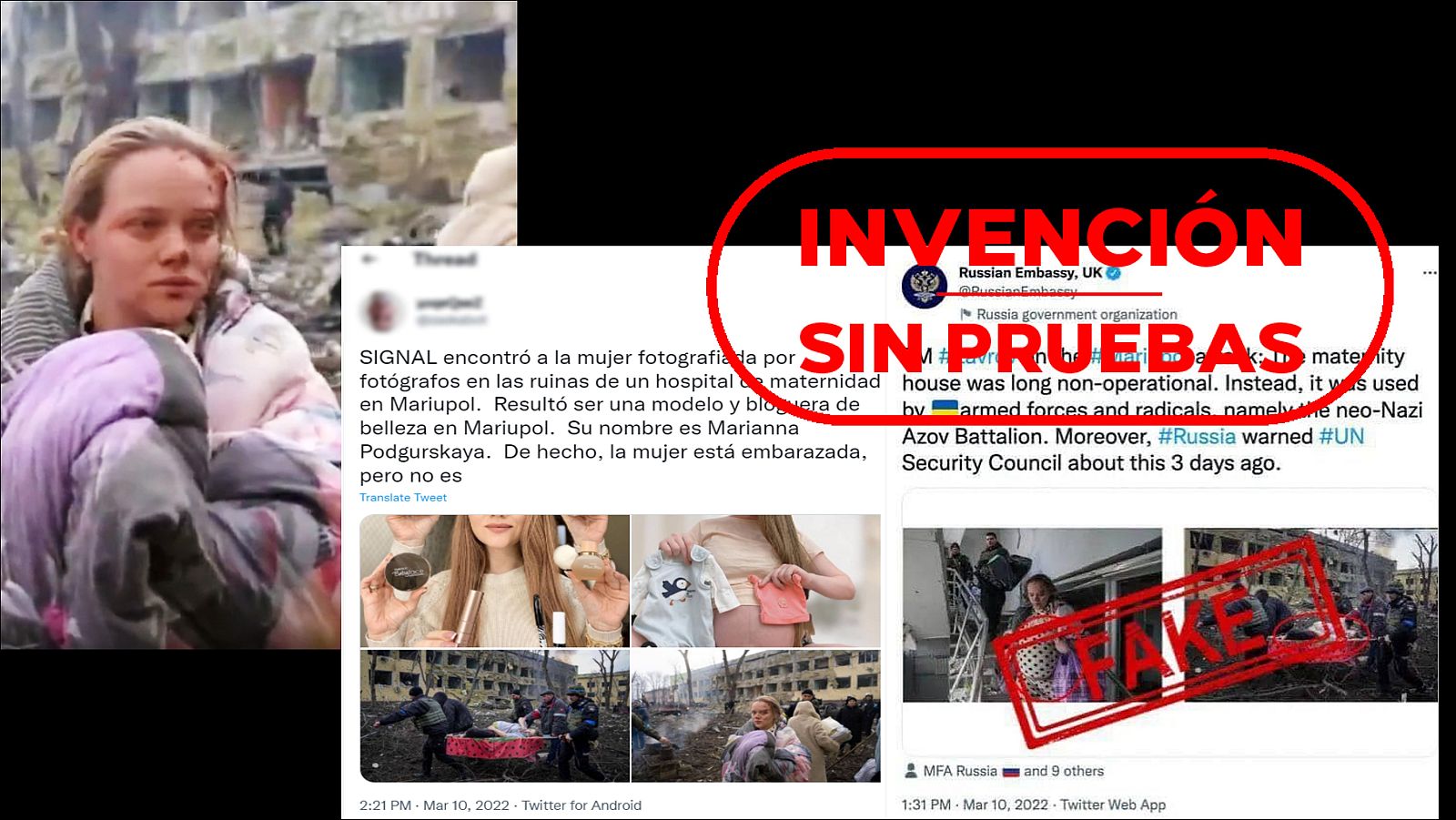 Una víctima del bombardeo a un hospital en Mariupol junto a mensajes pro rusos que denuncian sin pruebas que se trata de un montaje de Ucrania