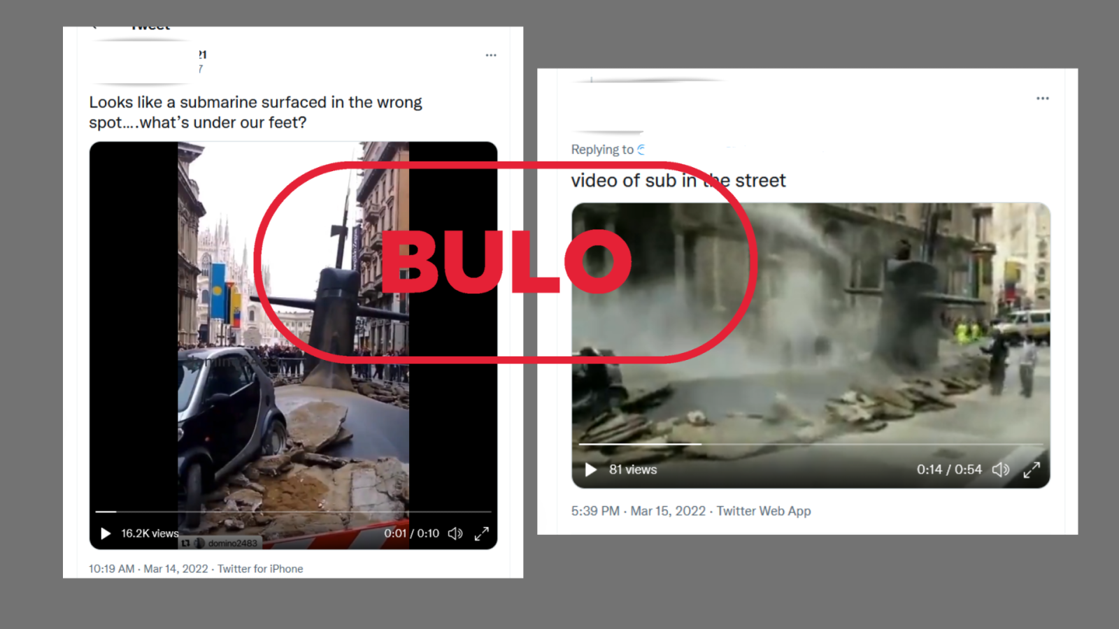 Captura de dos contenidos falsos que hablan de la aparición del submarino