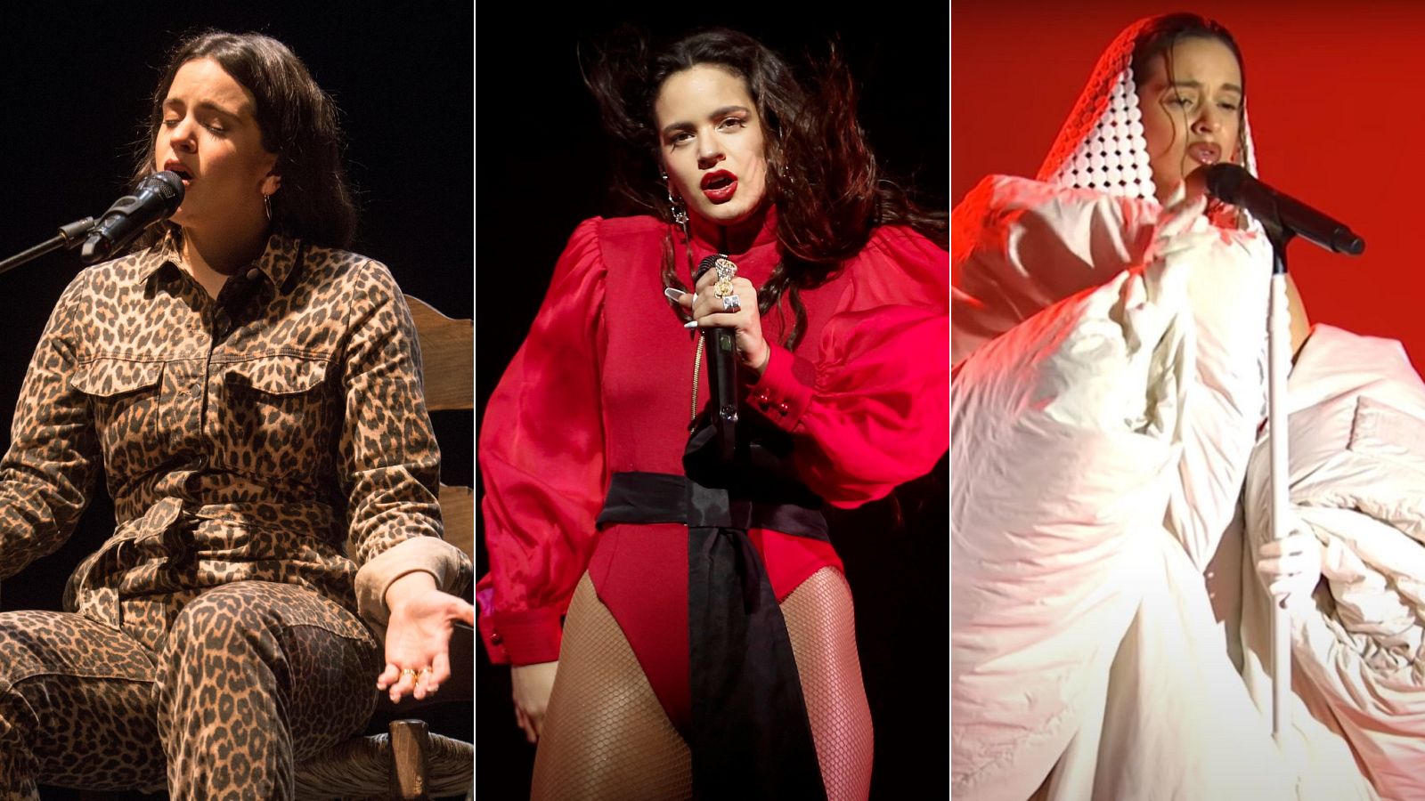 Rosalía en la XX Bienal de Flamenco de Sevilla (2018); en el Palau Sant Jordi (2019), y en el Saturday Night Live (2022).