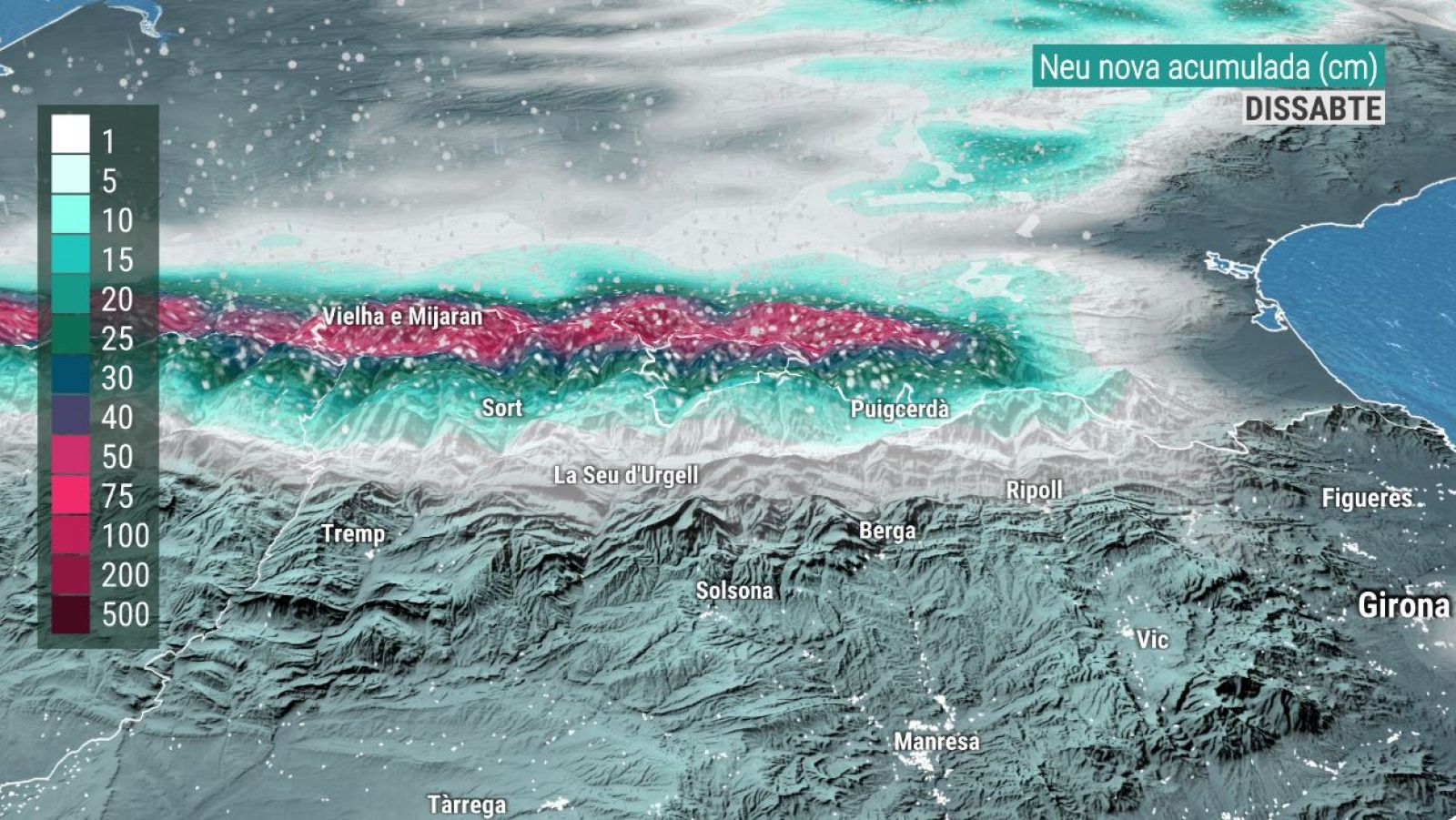 Model centreeuropeu d'acumulació de neu (cm) prevista fins dissabte