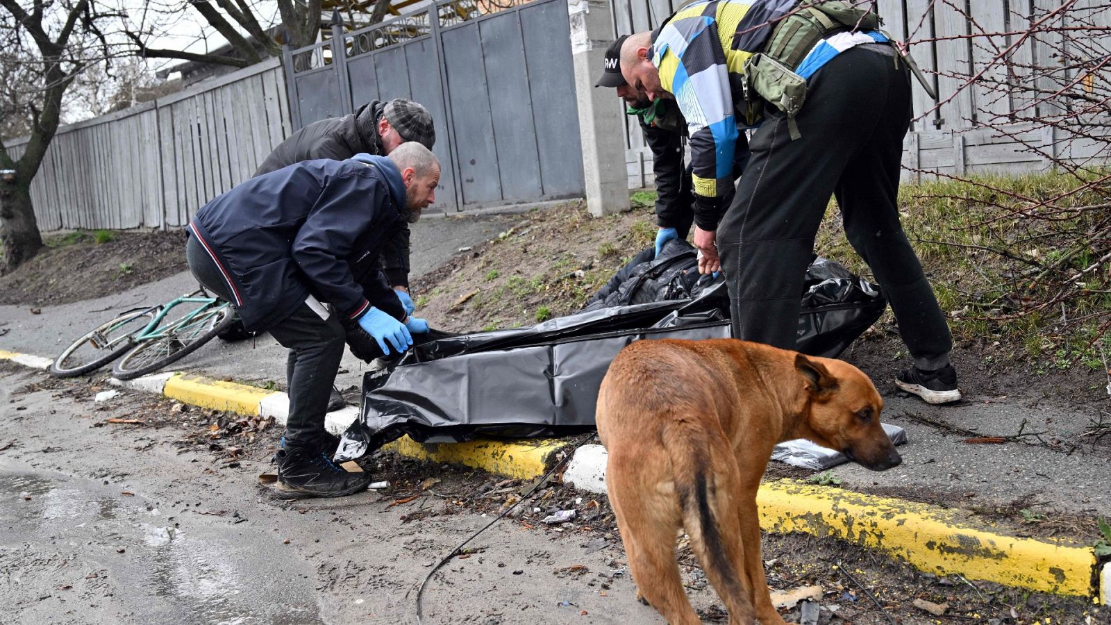Varios equipos de rescate recogen cuerpos de civiles muertos en las calles de Bucha