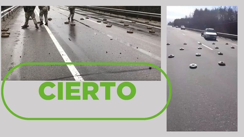 Estas imágenes de minas antitanque en una carretera cerca de Kiev son ciertas