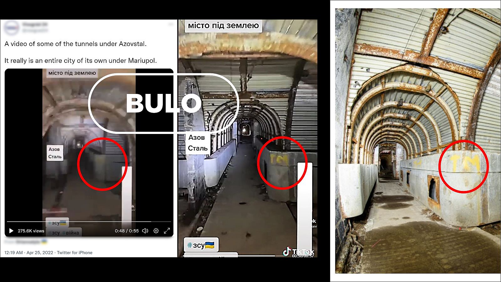 Dos imágenes del video falso sobre Mariúpol y una foto del búnker HMS Forward