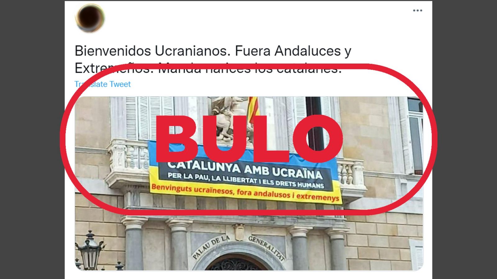 Imagen falsa de la pancarta colgada en la Generalitat de Cataluña