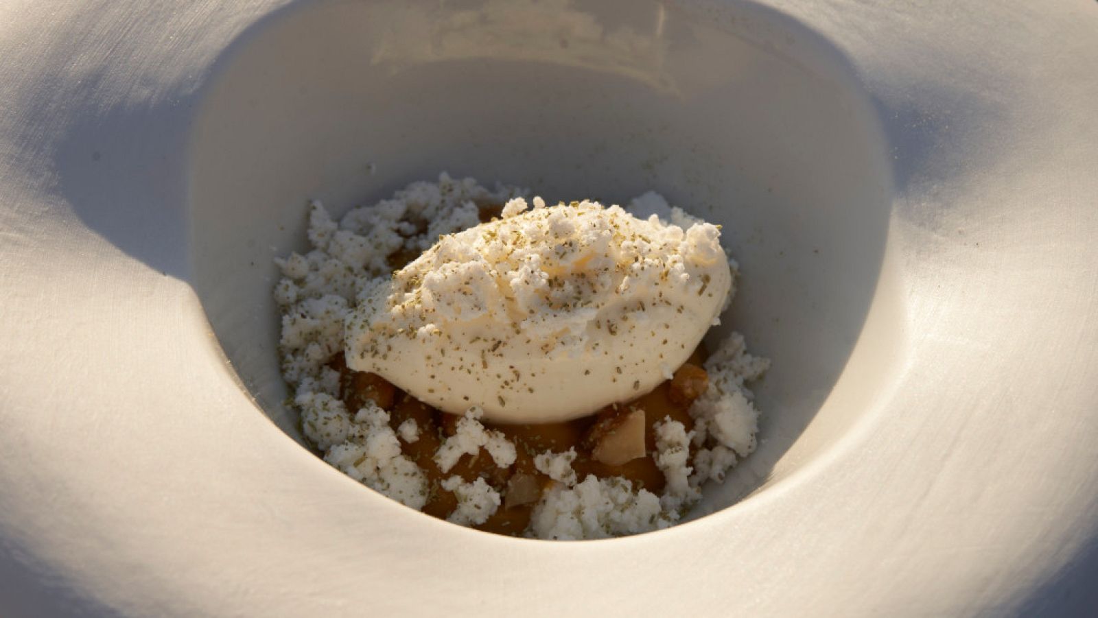 Receta de cremoso de calabaza asada, nueces garrapiñadas, requesón y crema helada de vinagre