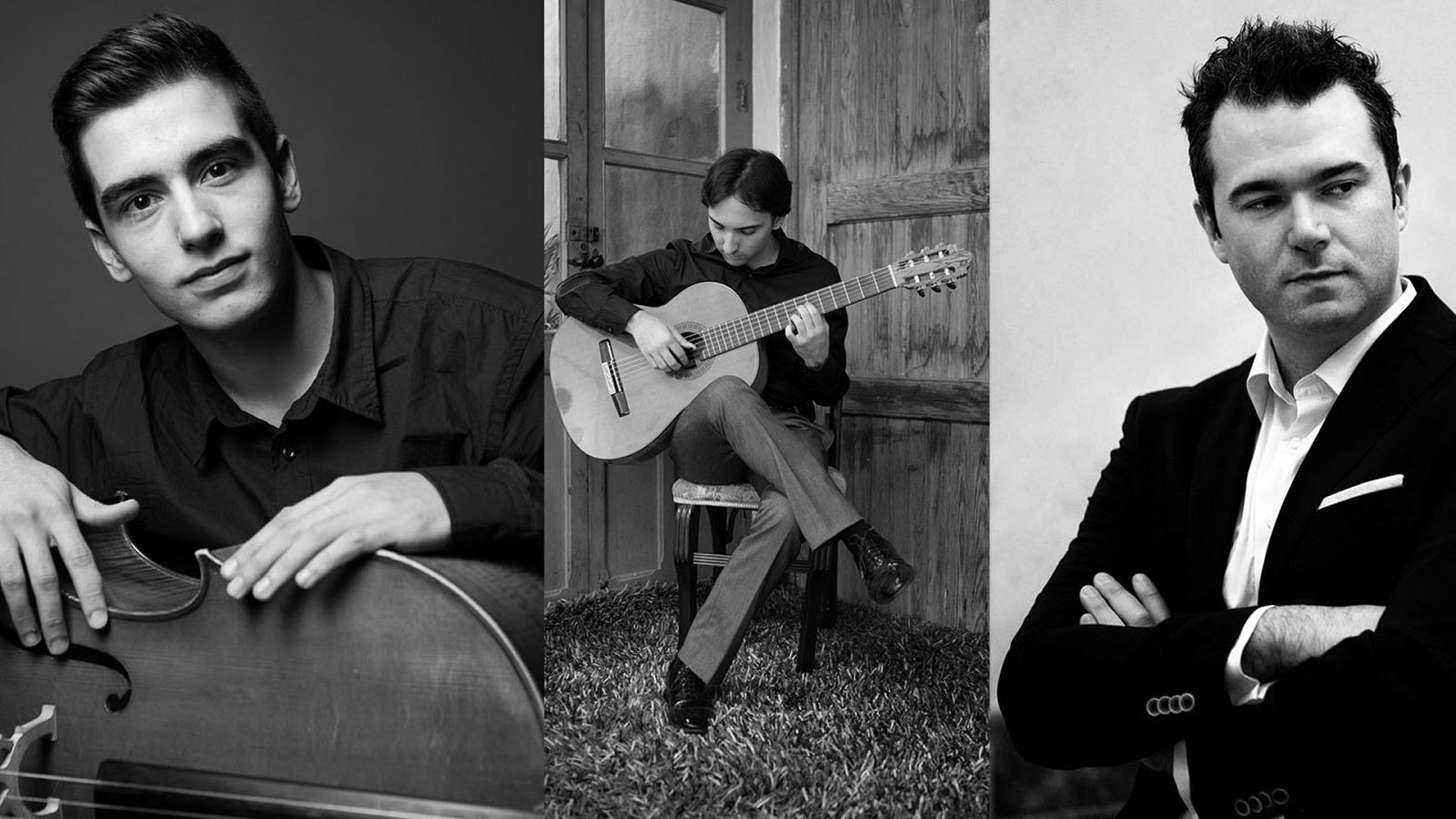 El chelista David Martín, el guitarrista Luis Alejandro García y el maestro Luis Miguel Méndez