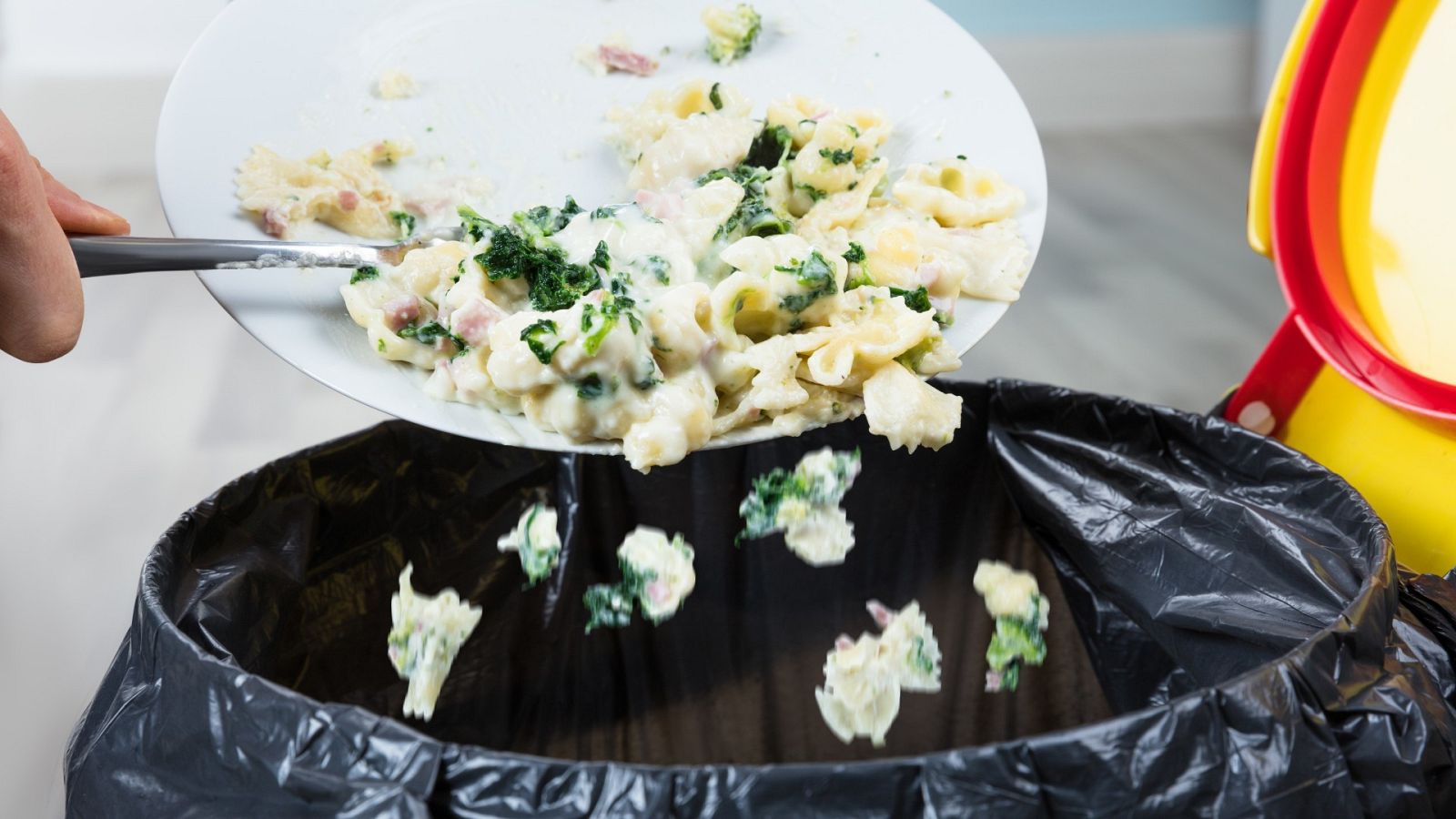 Una persona tira restos de comida a la basura