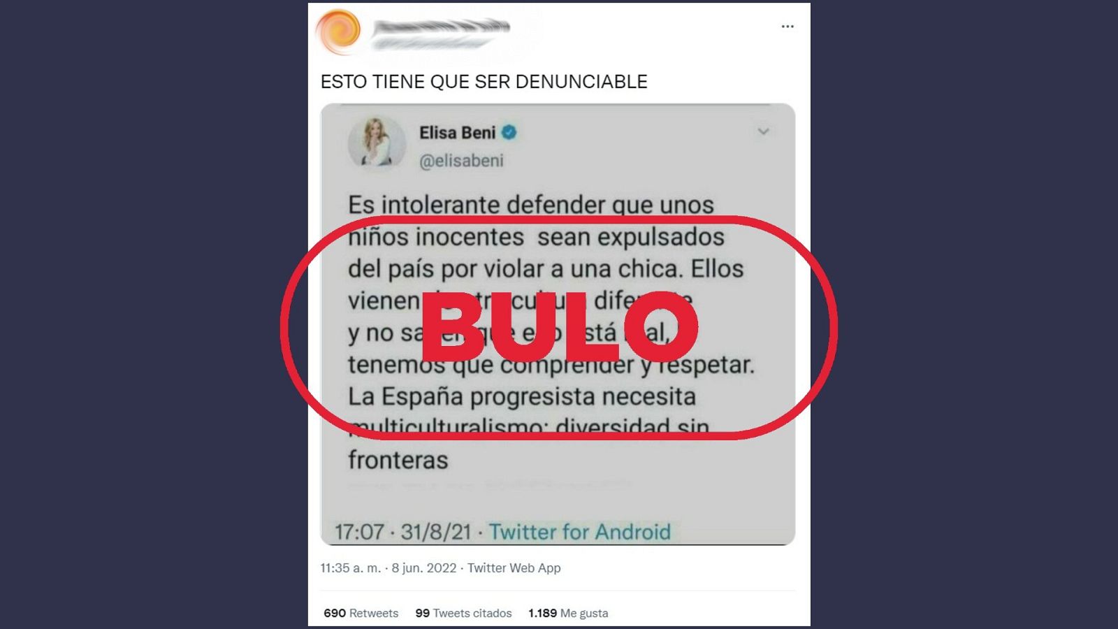 Mensaje que difunde el bulo que atribuye unas declaraciones falsas a Elisa Beni