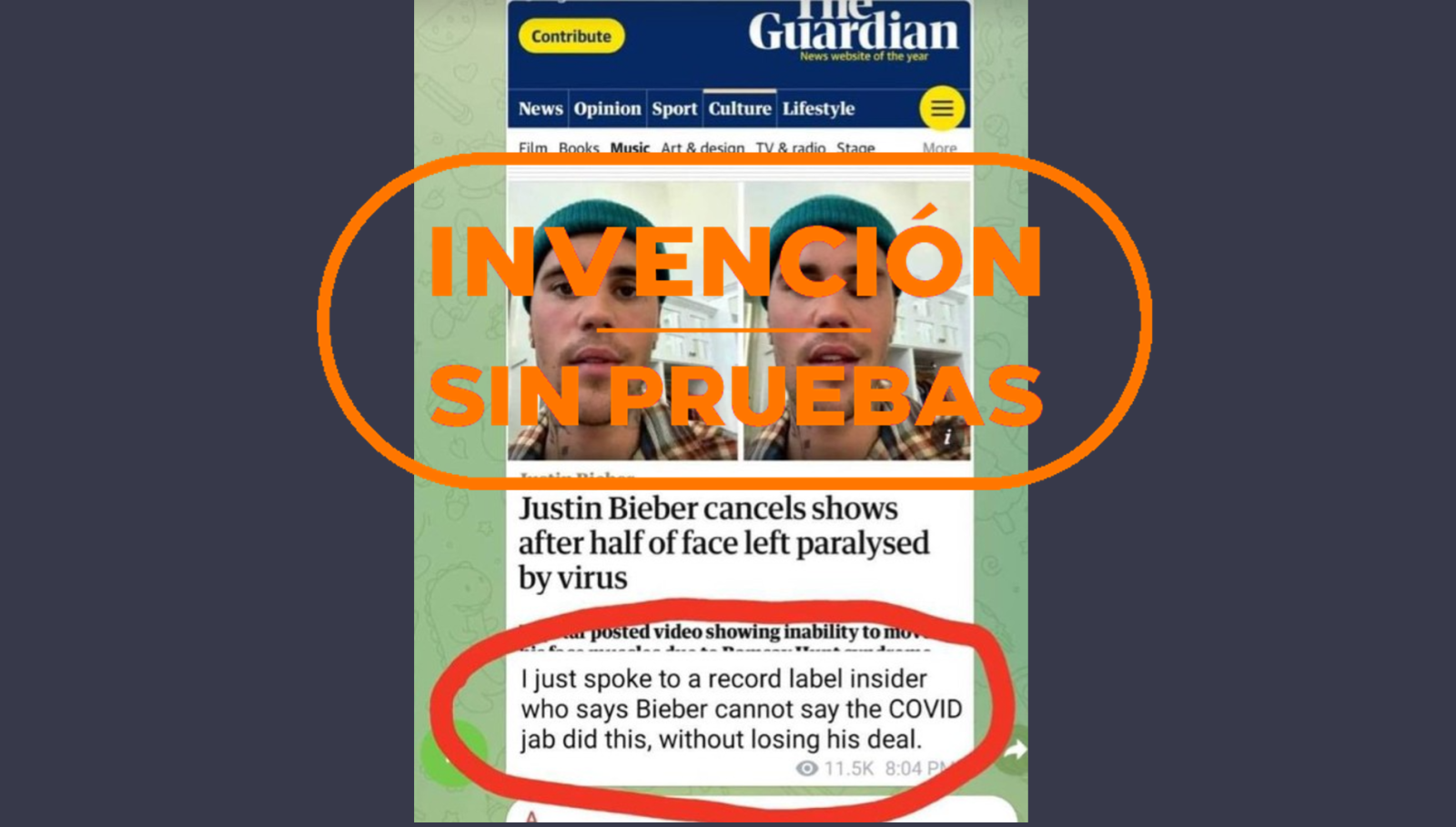 Contenidos que relacionan sin pruebas el síndrome Ramsay Hunt que padece Justin Biever con la vacuna del coronavirus