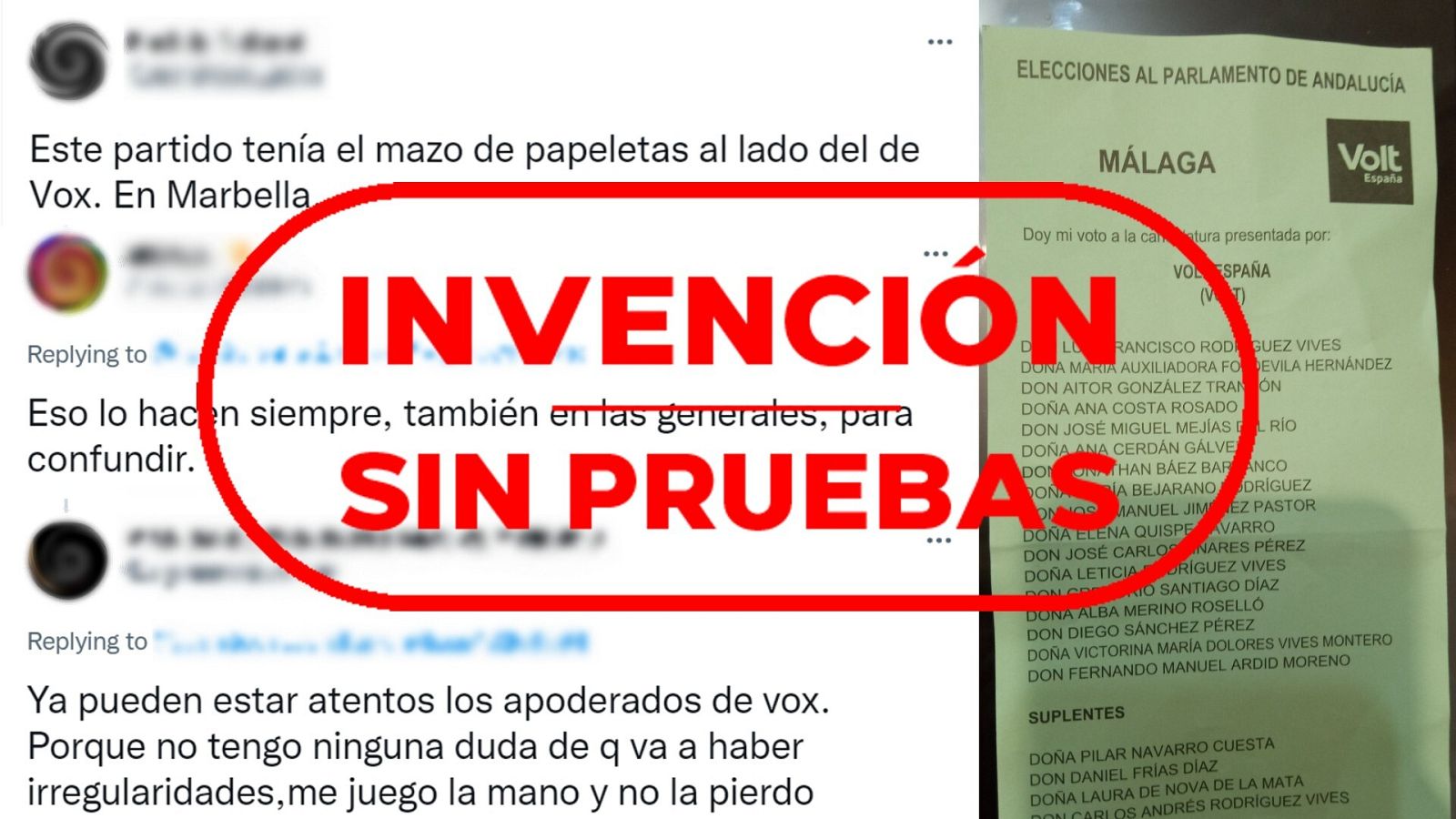 Mensajes que dicen que las papeletas de VOX y Volt han aparecido juntas en Marbella e imagen de una papeleta de Volt