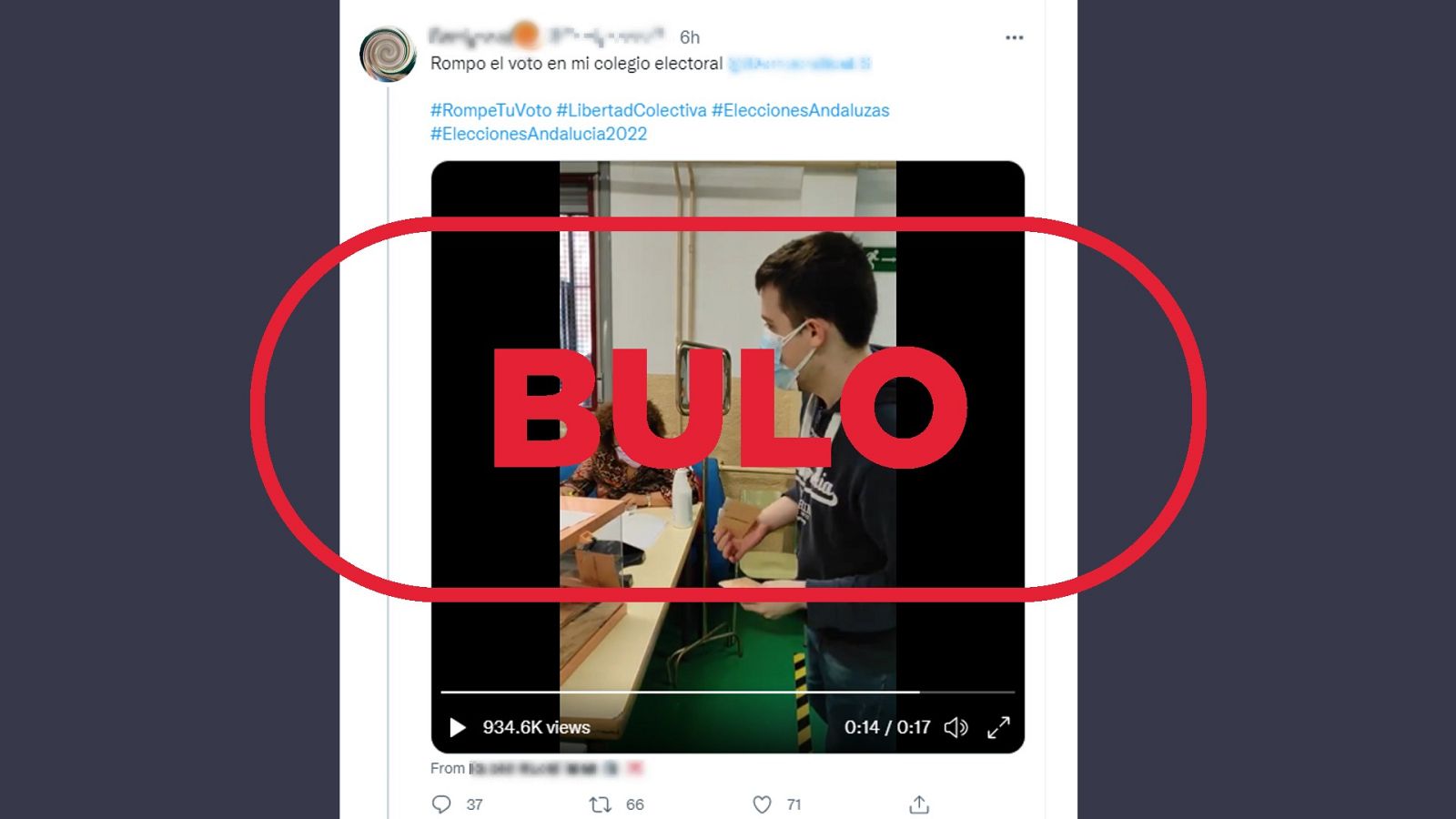 Mensaje que reproduce el bulo del vídeo de un joven rompiendo un voto ante una urna
