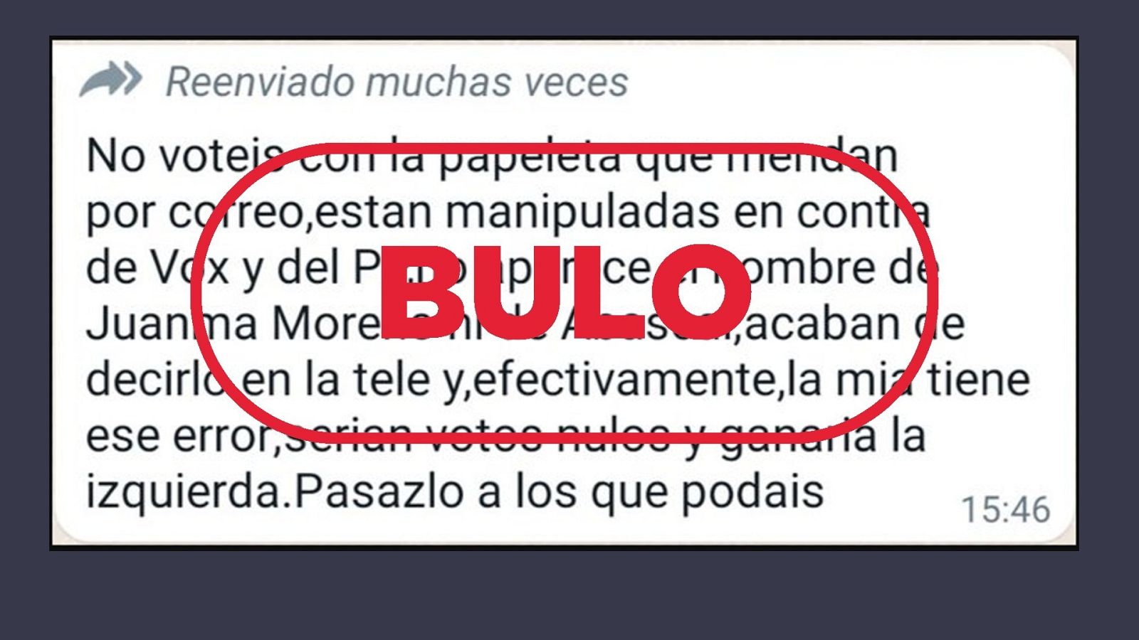 Mensaje que dice que las papeletas del voto por correo están manipuladas este 19J