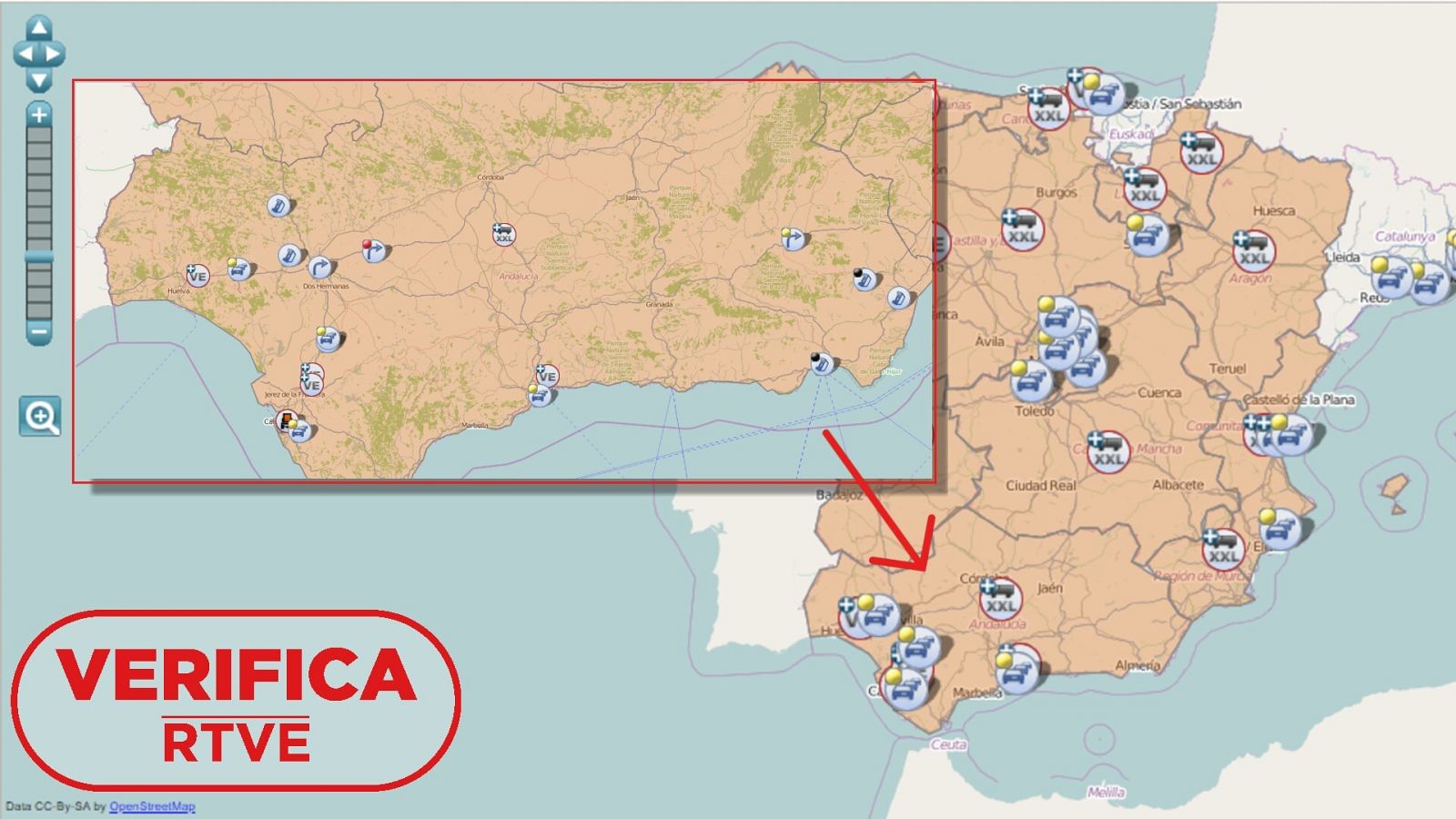 Mapa de la DGT que muestra el estado de las carreteras en España y concretamente en Andalucía este 19 de junio
