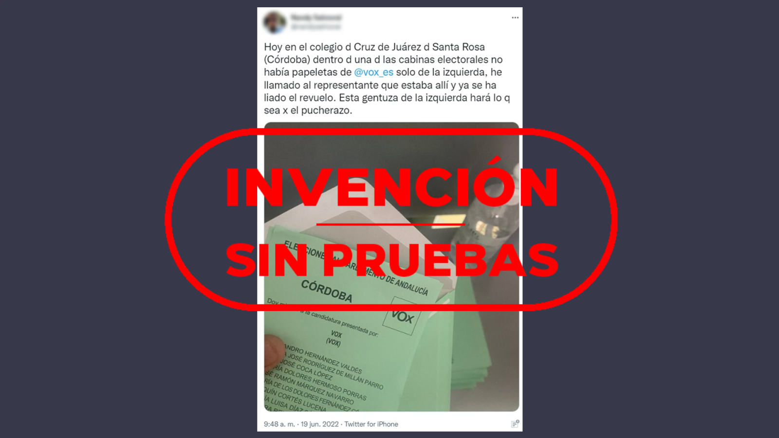 Mensaje sin pruebas que denuncia la ausencia de papeletas de VOX en un colegio de Córdoba