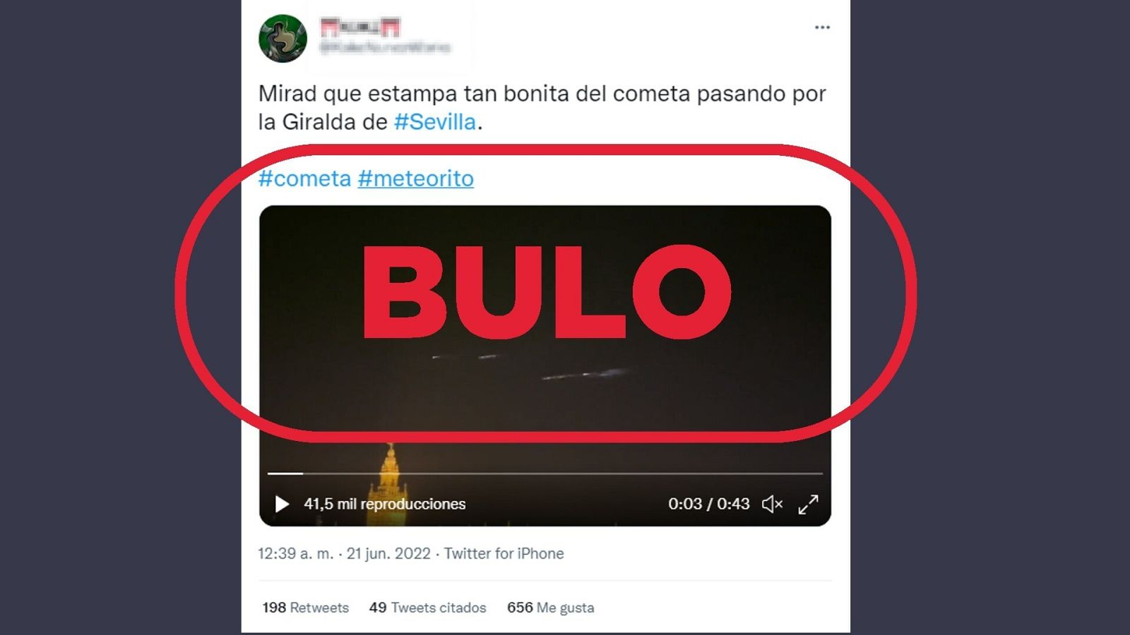 Mensaje de Twitter que reproduce el bulo de que en la madrugada del 21 de junio se ha avistado un meteorito en España