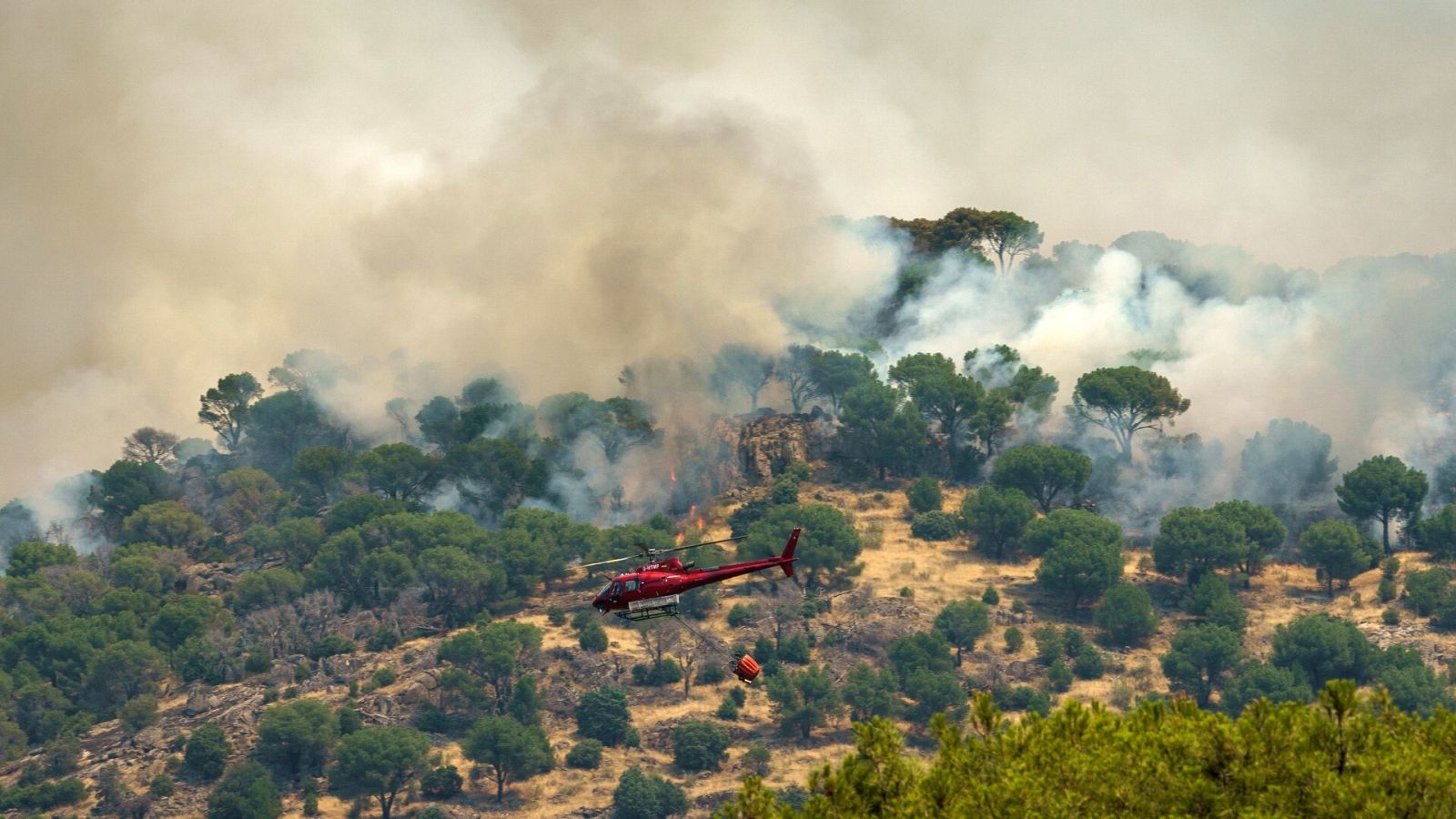 Un helicóptero trabaja en las labores de extinción del incendio declarado el sábado en Cebreros, Ávila