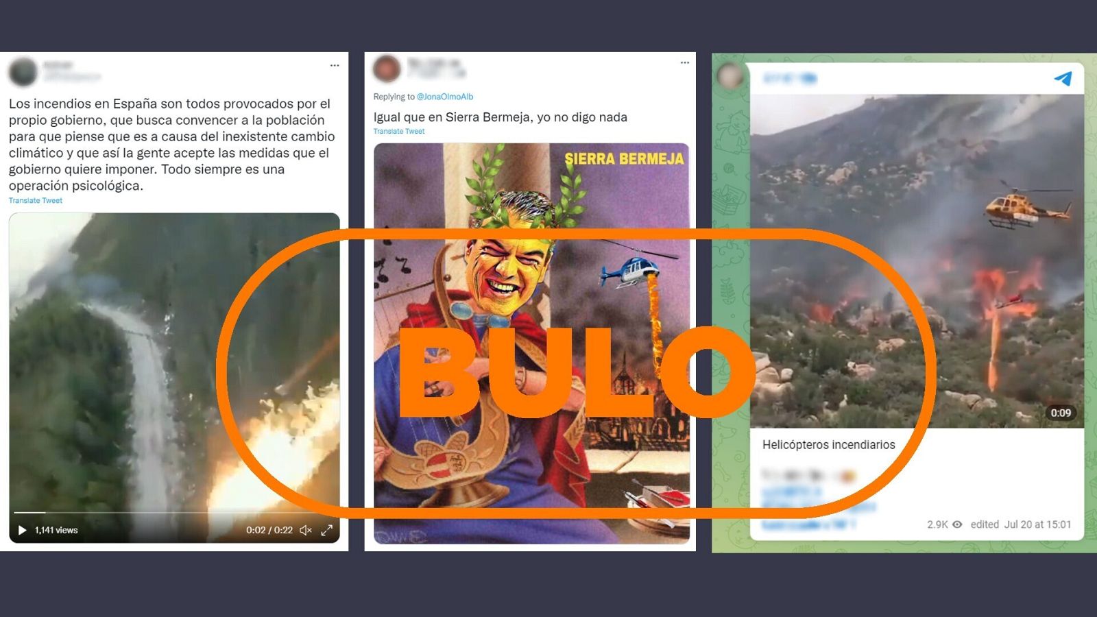 Mensajes que reproducen el bulo de los helicópteros que vierten fuego sobre el bosque