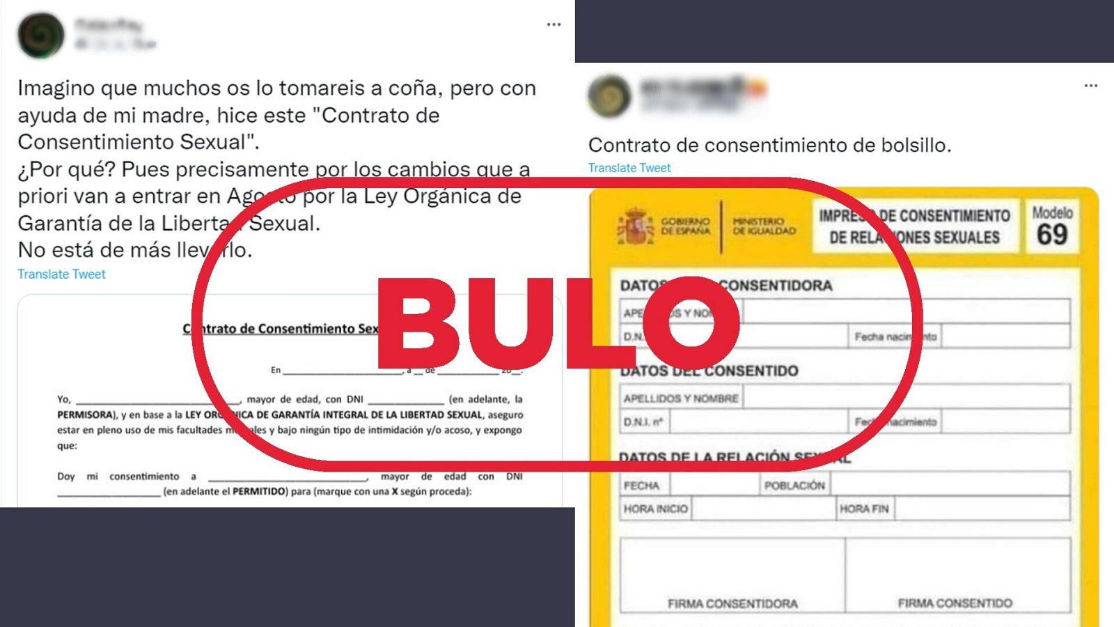 Mensajes en Twitter que reproducen el bulo de la Ley 'solo sí es sí' exigirá contrato de consentimiento