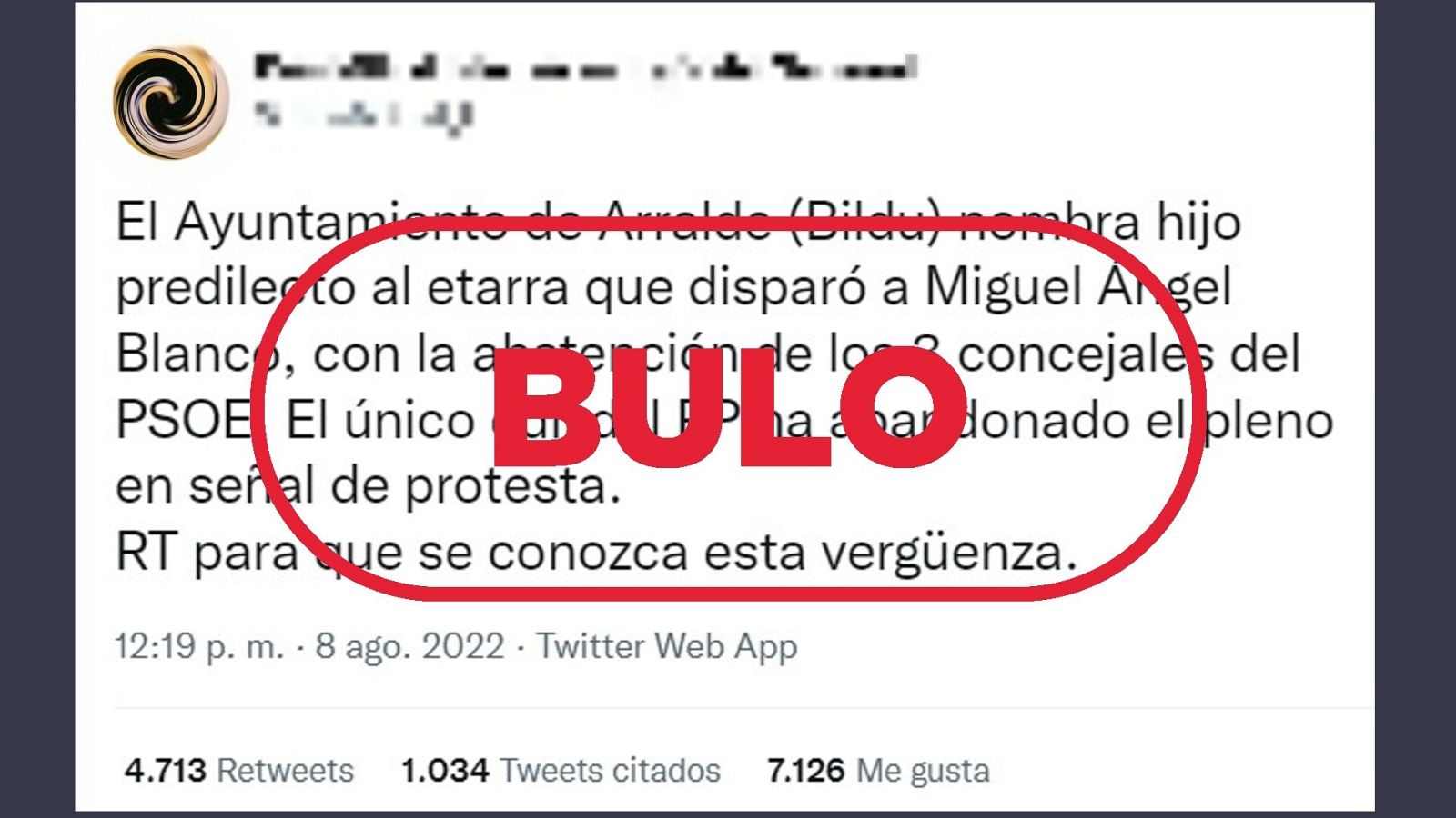 Mensaje que difunde el bulo del nombramiento de hijo predilecto al asesino de Miguel Ángel Blanco en la localidad ficticia de Arralde