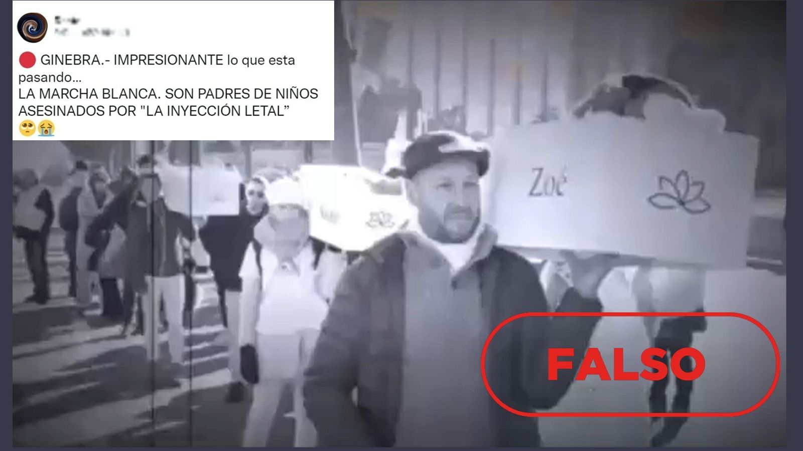 Captura del vídeo que muestra el uso de ataúdes como método de protesta simbólico durante una marcha en Ginebra y mensaje que difunde la falsedad sobre que son padres de niños muertos