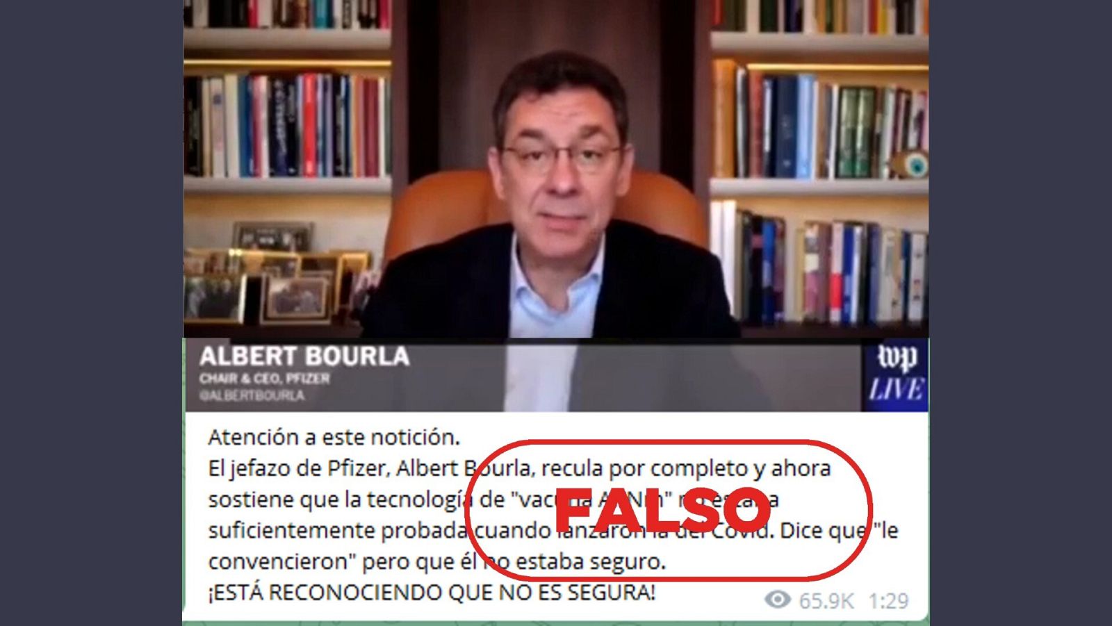 Mensaje que difunde una conclusión falsa del CEO de Pfizer