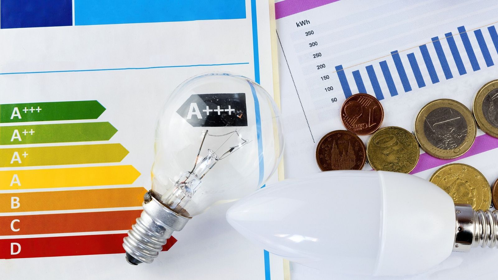 Una factura de la luz con una bombilla convencional y otra de bajo consumo