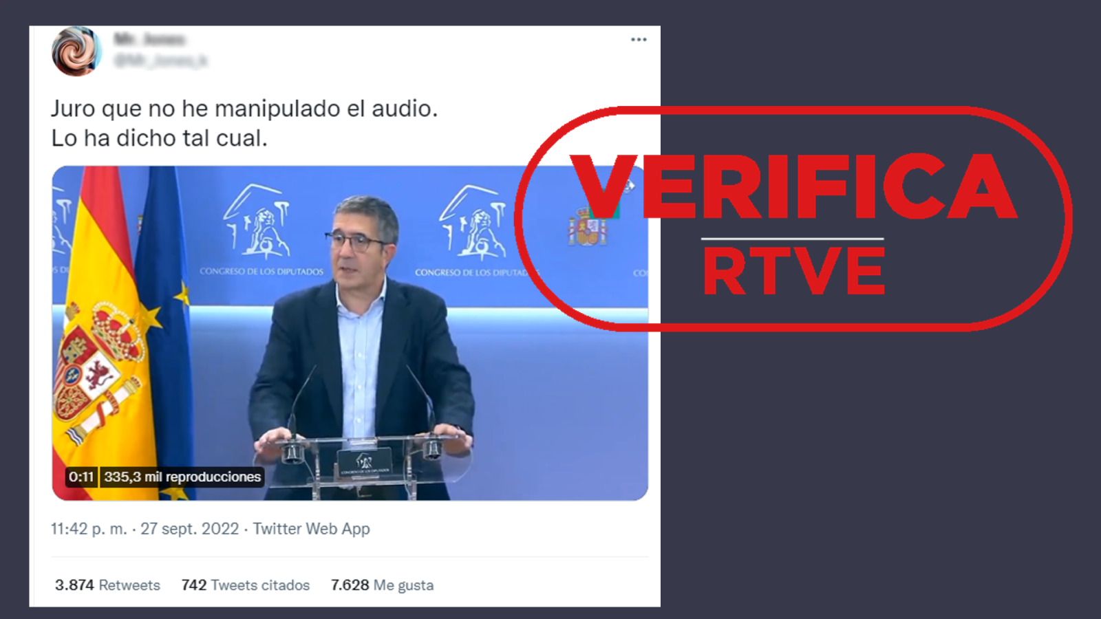 Imagen tuit con declaraciones manipuladas de Patxi López