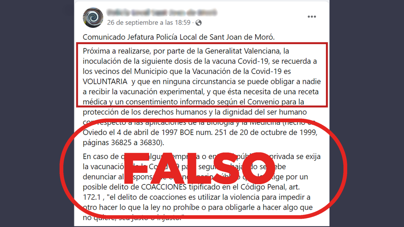Comunicado con argumentos falsos sobre la vacuna anticovid