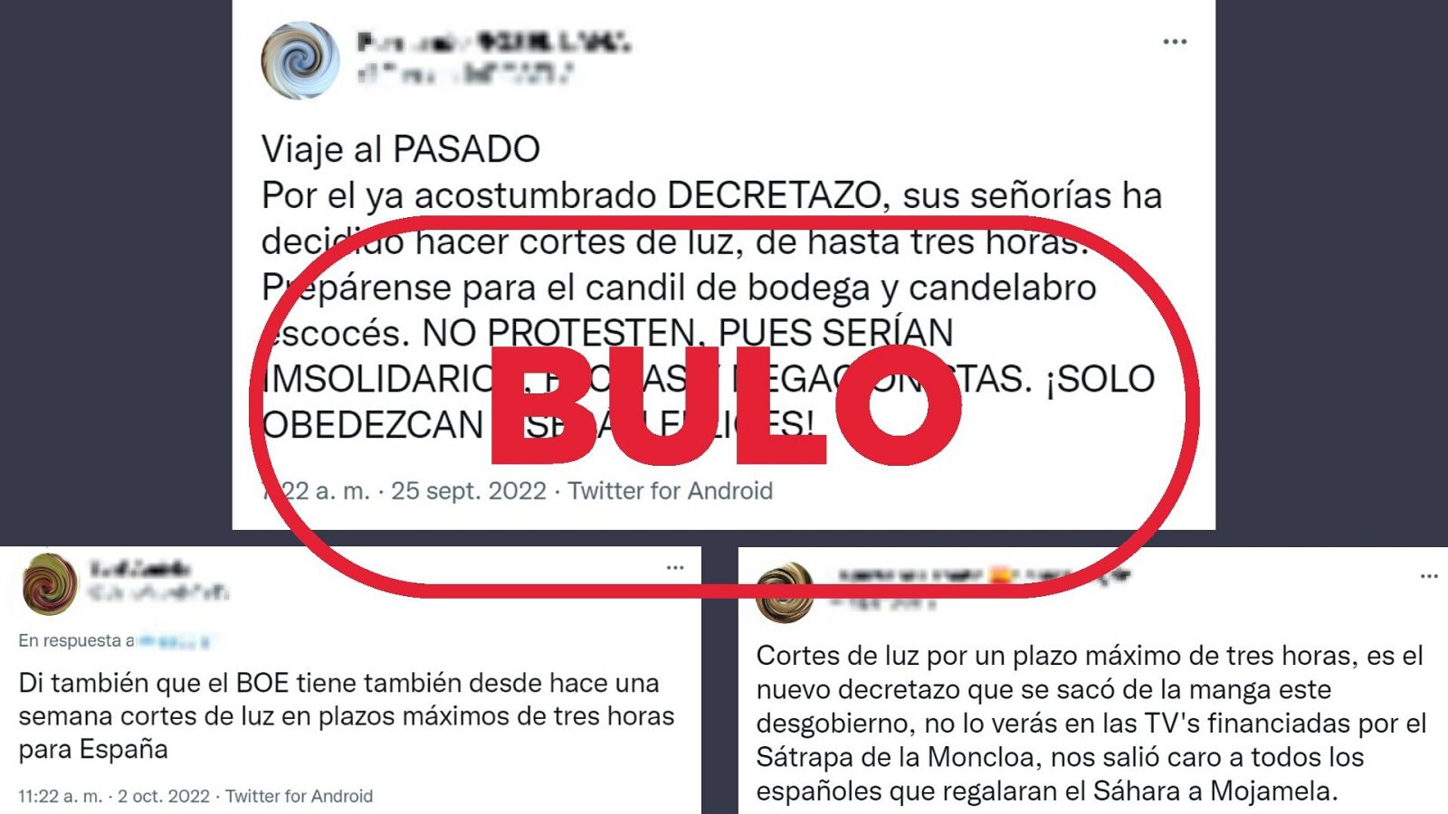 Mensajes que difunden el bulo de que el Gobierno ha aprobado un decreto para poder cortar la luz durante tres horas