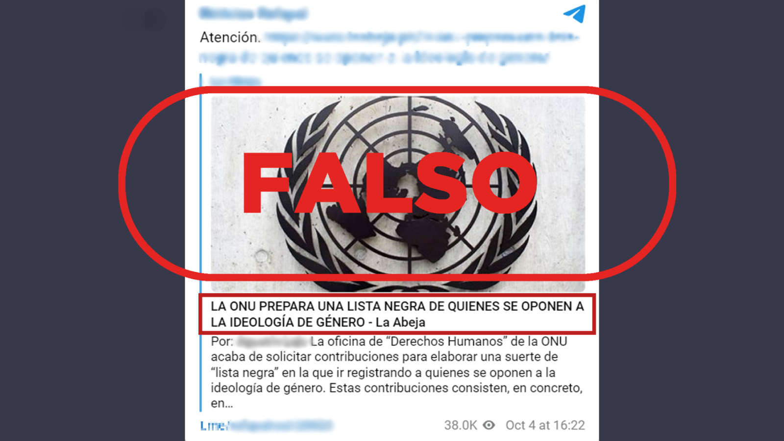 Mensaje de Telegram que asegura que la ONU prepara una ¿lista negra¿ para registrar a quienes se oponen a la ¿ideología de género¿
