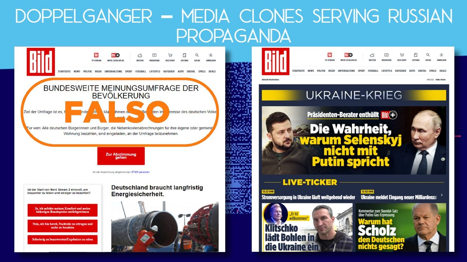 Imagen de un artículo falso suplantando al diario Bild destapado por la investigación Doppelganger, a la izquierda, junto a la web real del diario alemán a la derecha