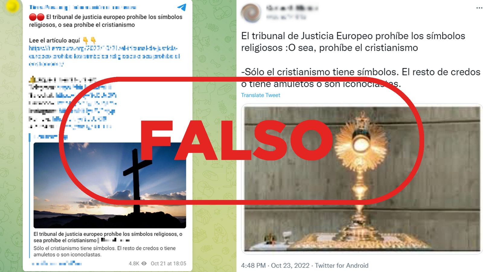 Mensajes de redes que difunden la falsedad de que el Tribunal de Justicia de la UE prohíbe el cristianismo