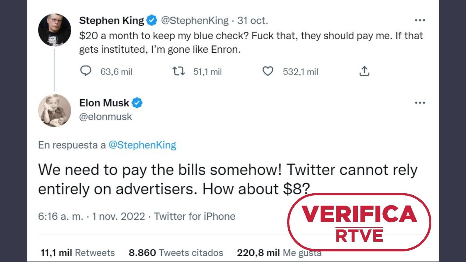 Conversación entre Musk y King sobre el pago por tener la cuenta de Twitter verificada