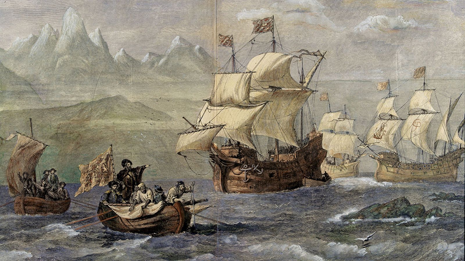 Descubrimiento del estrecho de Magallanes - Grabado de la ilustración española y americana - Obra de Brierly