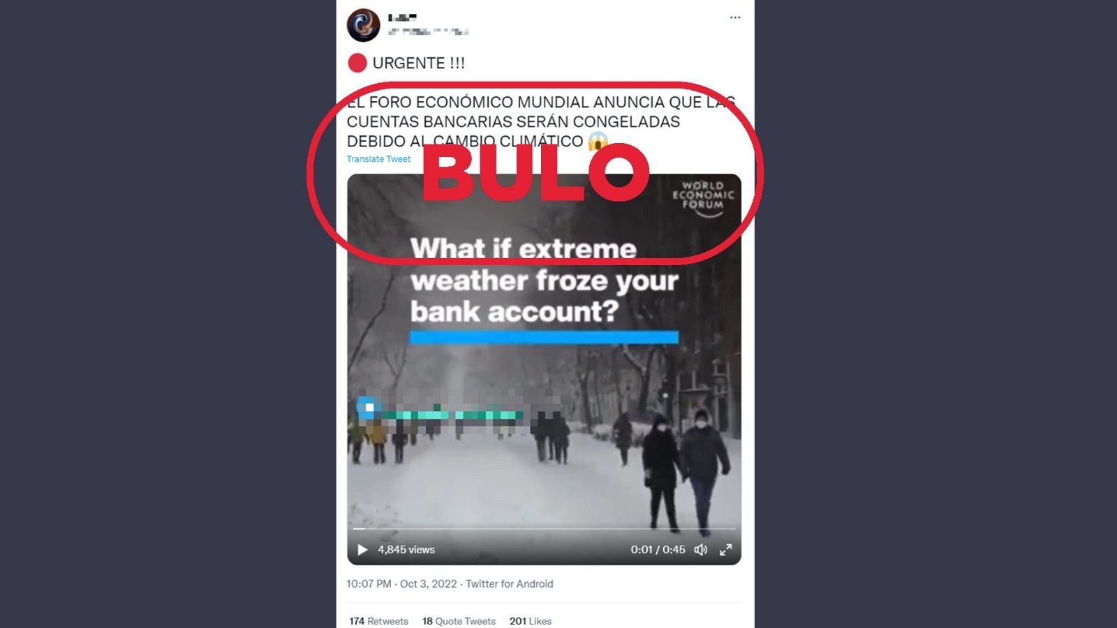 Mensaje que difunde la falsa idea de que el Foro Económico Mundial ha anunciado que congelará las cuentas bancarias debido al cambio climático