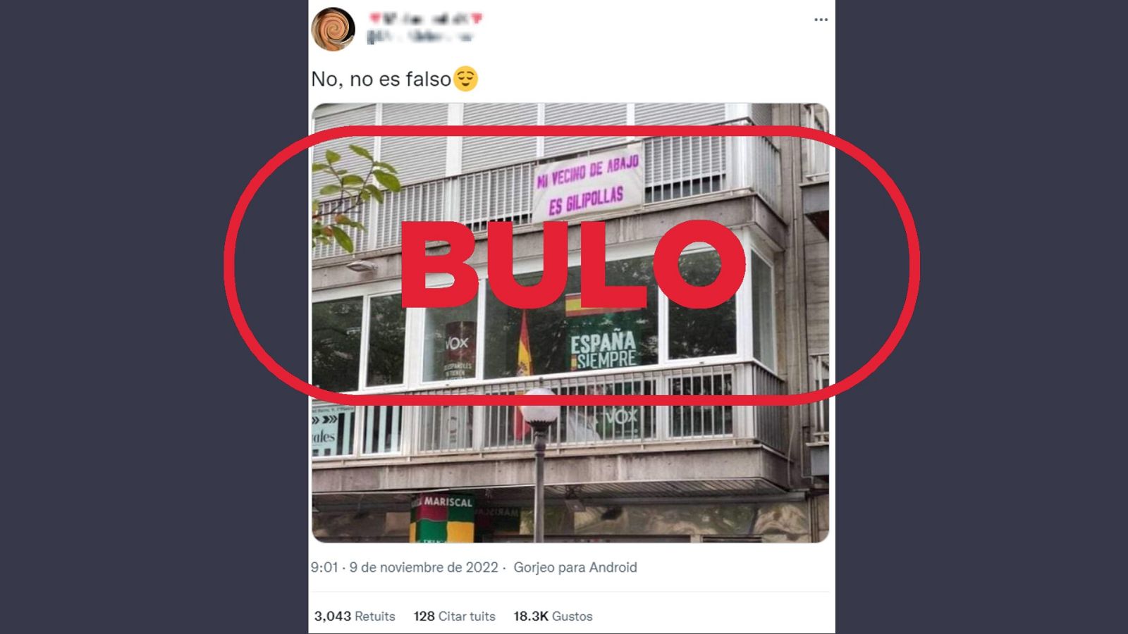 Imagen difundida en Twitter con el montaje de un cartel insultante sobre la fachada de la sede de VOX en Granada