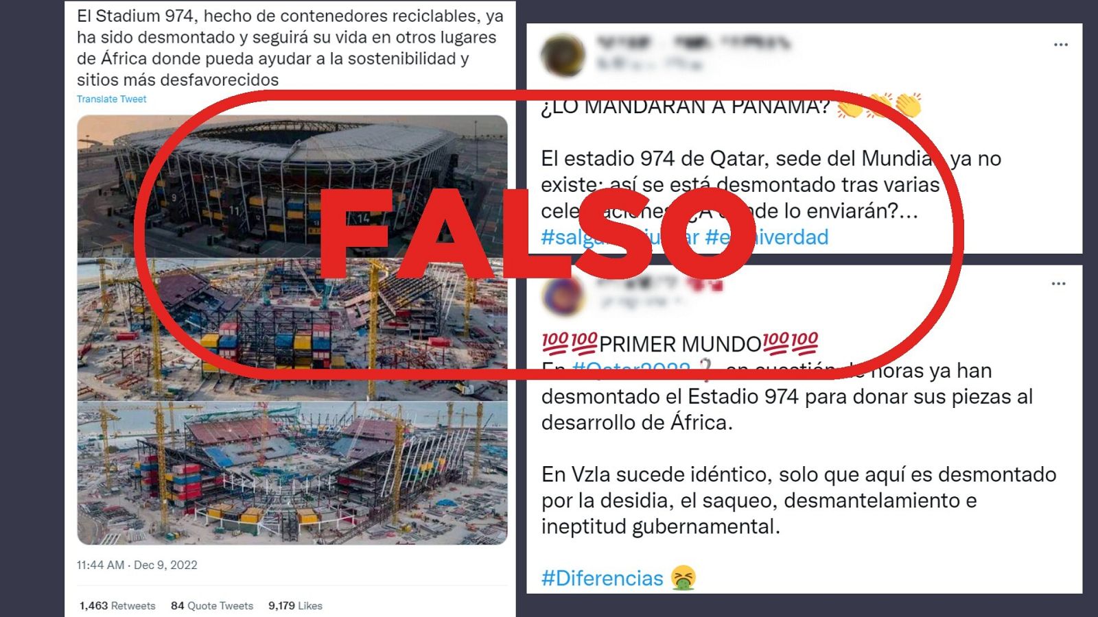 Mensajes que difunden información falsa sobre el Estadio 974 de Qatar 2022