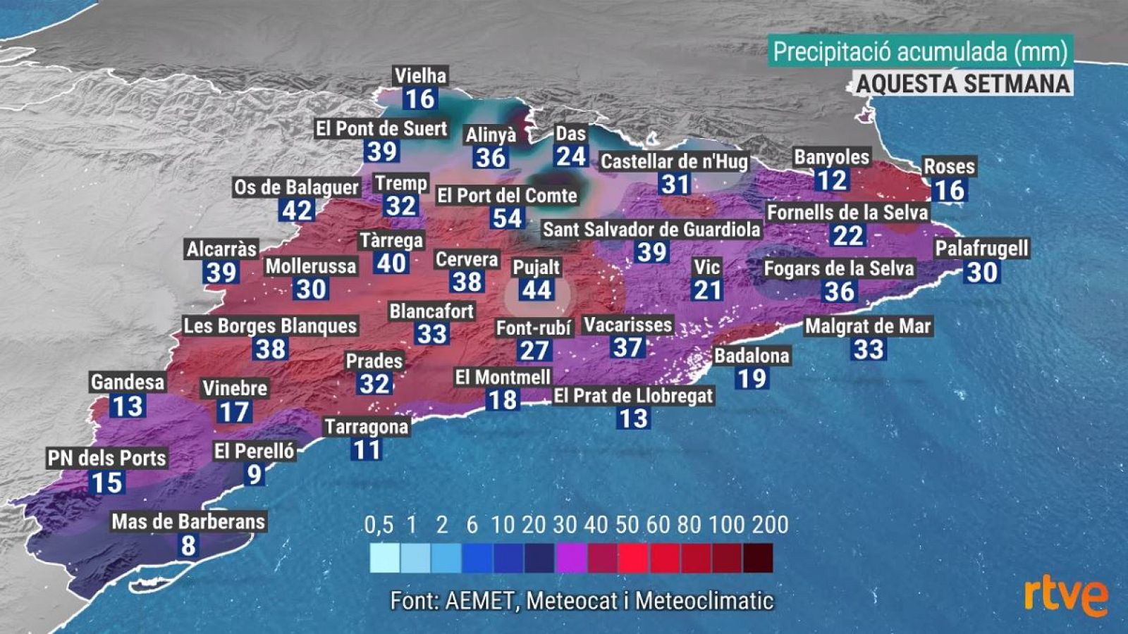 Precipitació total acumulada (mm) aquesta setmana (fins les 11 h del dijous 15)