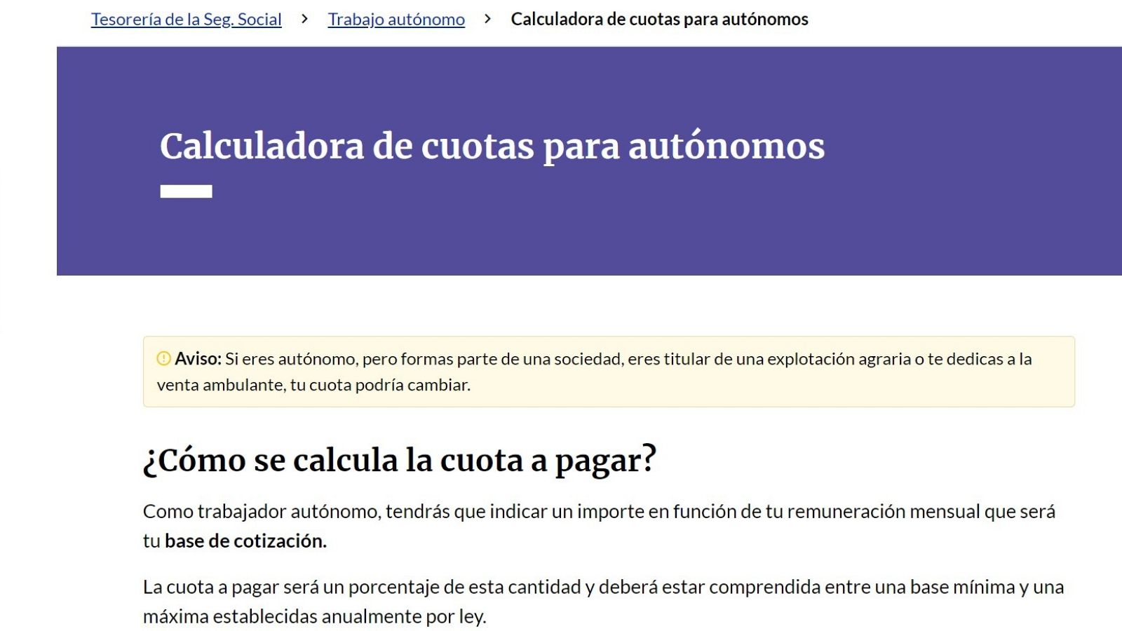 Captura de pantalla de la calculadora de cuotas de autónomos de la Seguridad Social