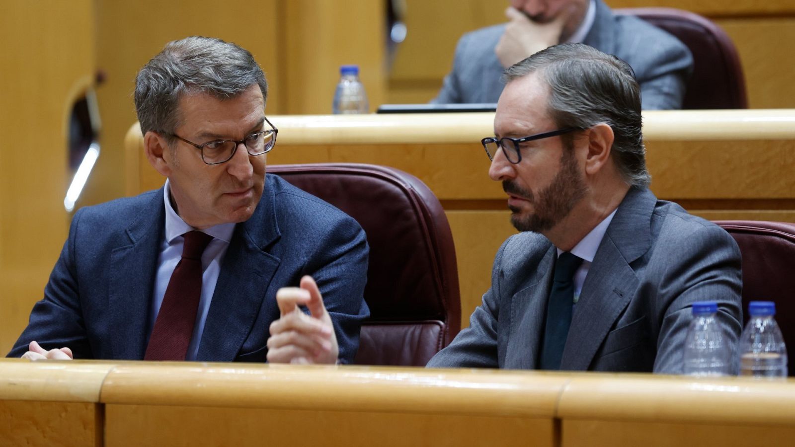 El líder del Partido Popular, Alberto Núñez Feijóo (i), conversa con el senador del PP Javier Maroto (d)