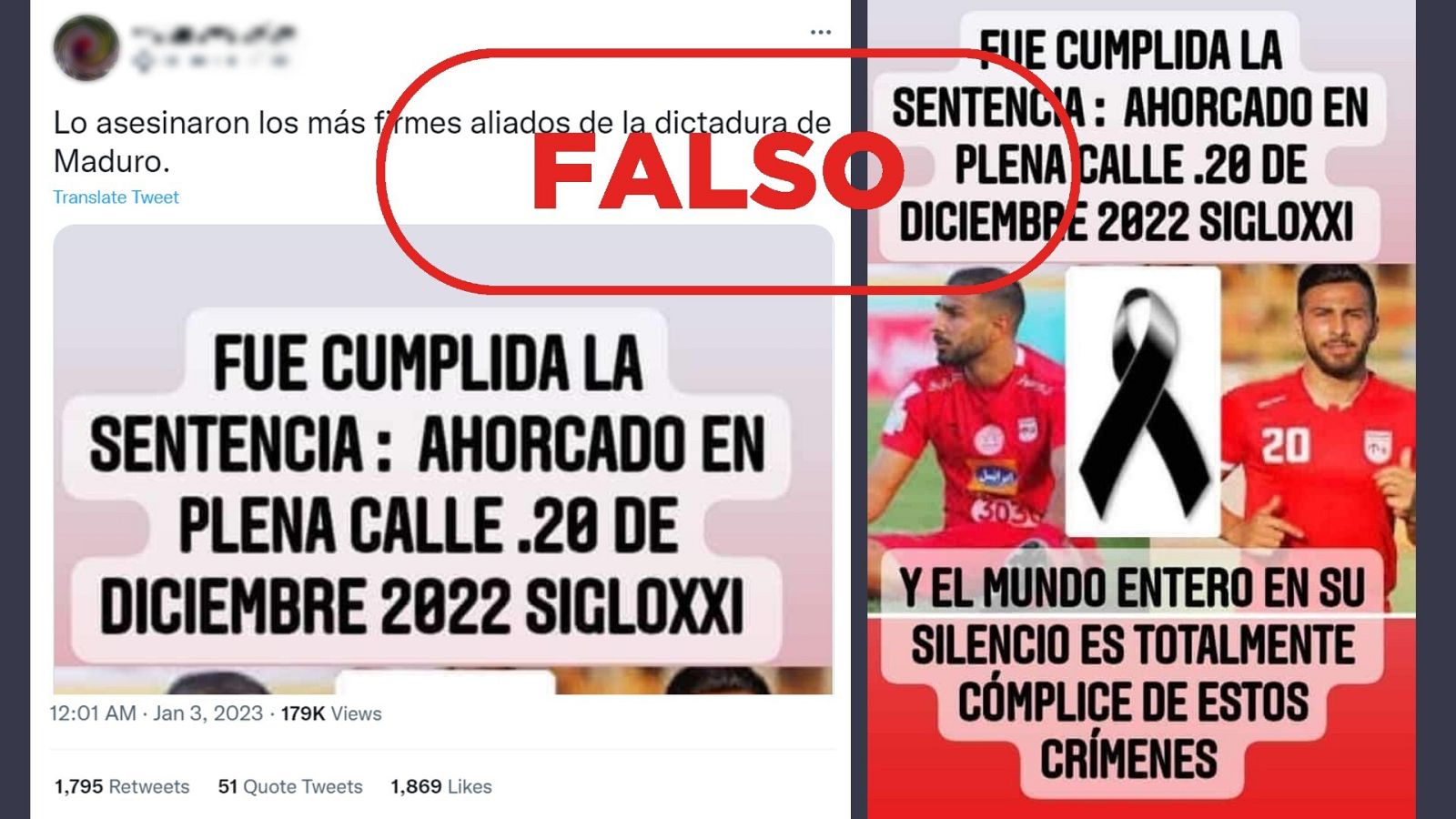 Mensaje falso que difunde la idea de que el futbolista iraní Amir Nasr Azadani ha sido ahorcado en plena calle.