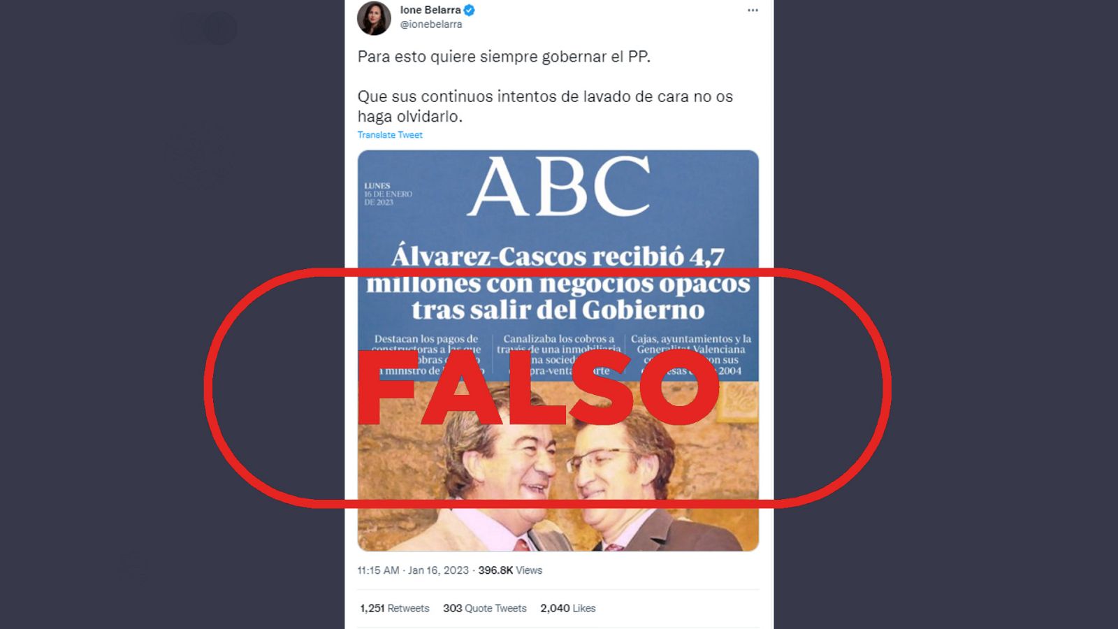 Tuit de la ministra Ione Belarra que comparte una portada manipulada con una imagen de Alberto Núñez Feijóo