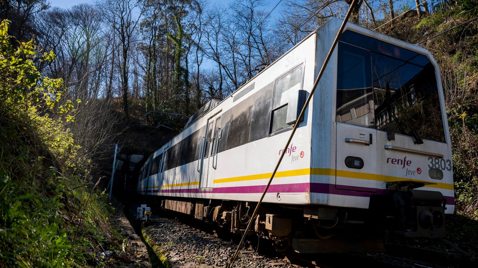 Un tren de cercanías llega a la estación de la localidad cántabra de Virgen de la Peña